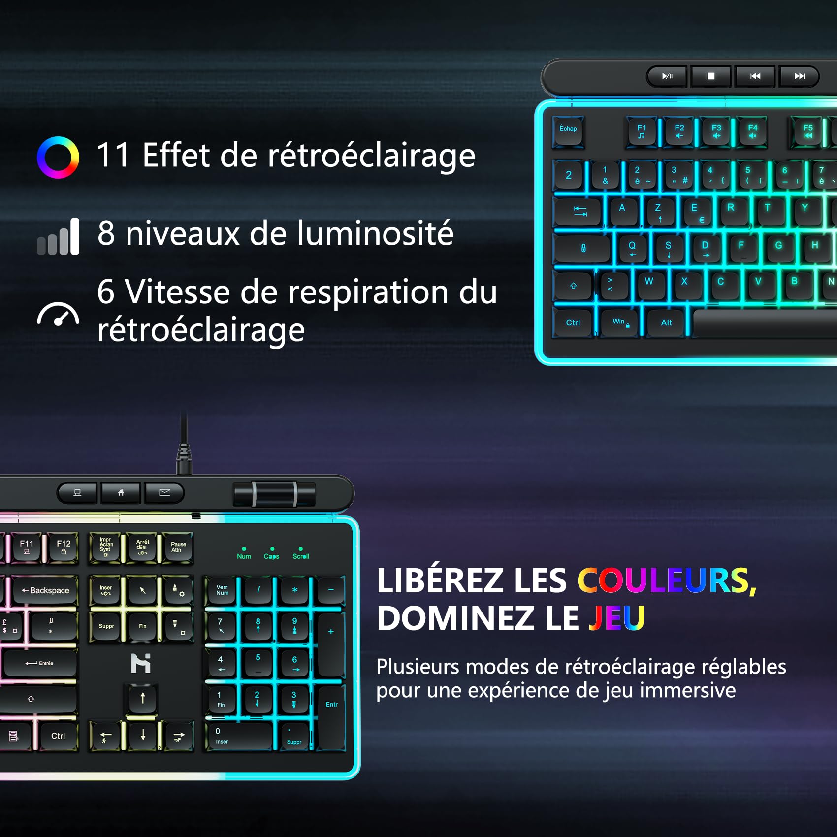 HLONONE Pack Clavier Souris Gaming - Ergonomique Clavier Souris Gamer Filaire - Éclairage LED Arc-en-Ciel - Clavier Gamer AZERTY Rétroéclairé - Souris Gamer 7200 DPI - AZERTY FRANÇAIS-pour PC PS4 PS5
