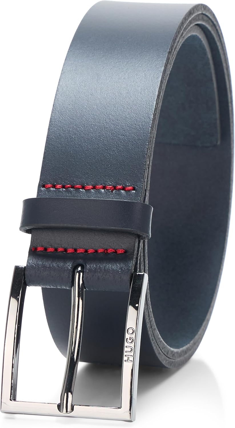 HUGO Men's Dressy Leather Belt With Gun Metal Hardware