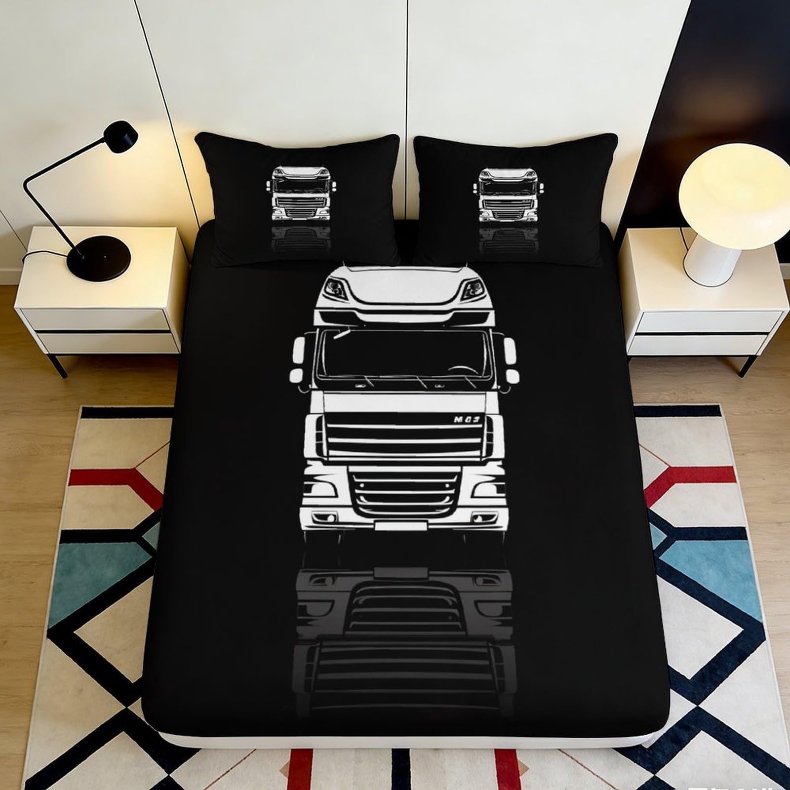 3D Printed Black Truck Pattern Fitted Sheet Microfiber Durable Soft 3D Printed Truck Bed Cover for Bedroom Dormitory Guest Room Mattress Protection 140x200x25cm