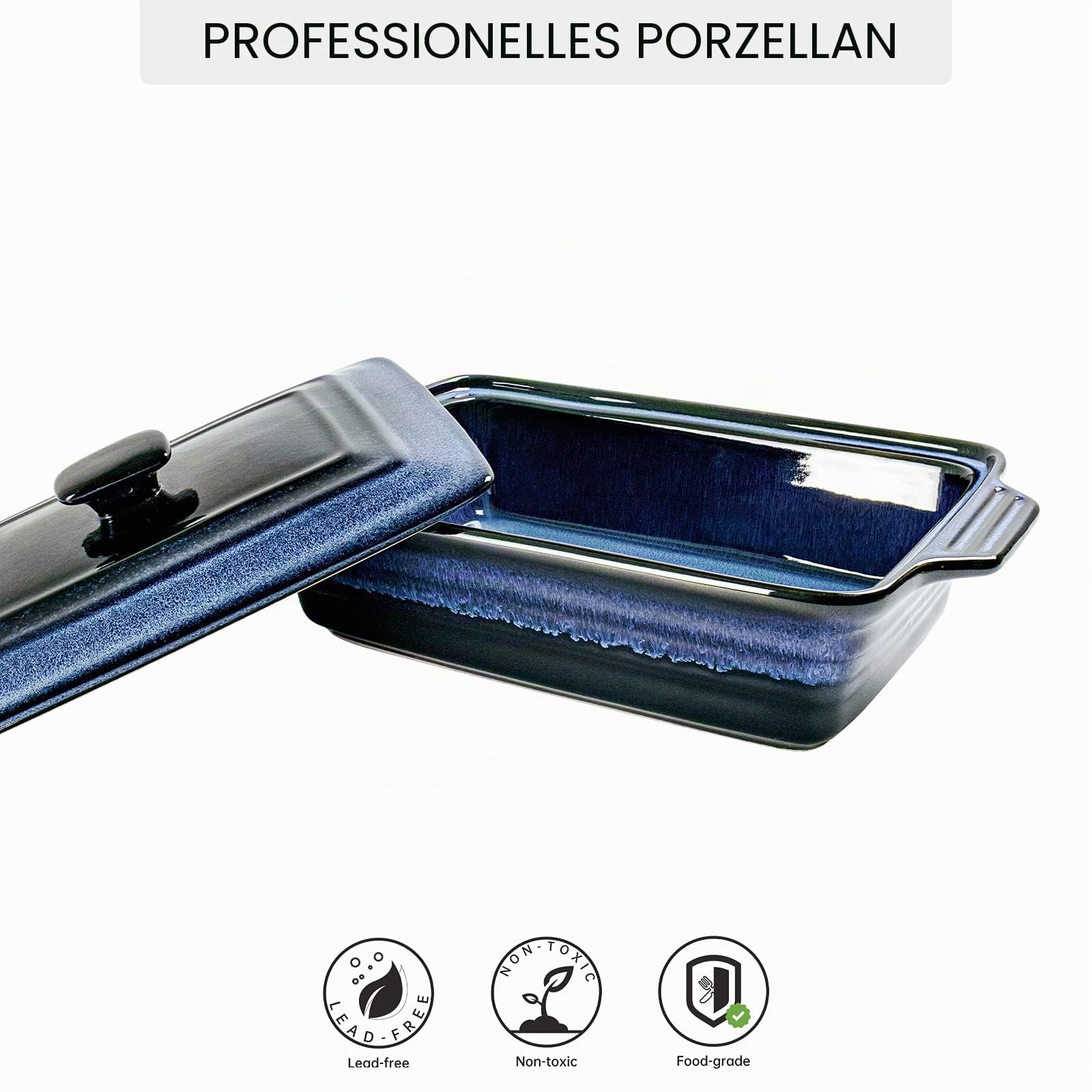 UNICASA Keramik Auflaufform Mit Deckle, Backformen Rechteckig 39 x 24 x 9 cm, Pastetenform Steinzeug groß 3000 mL