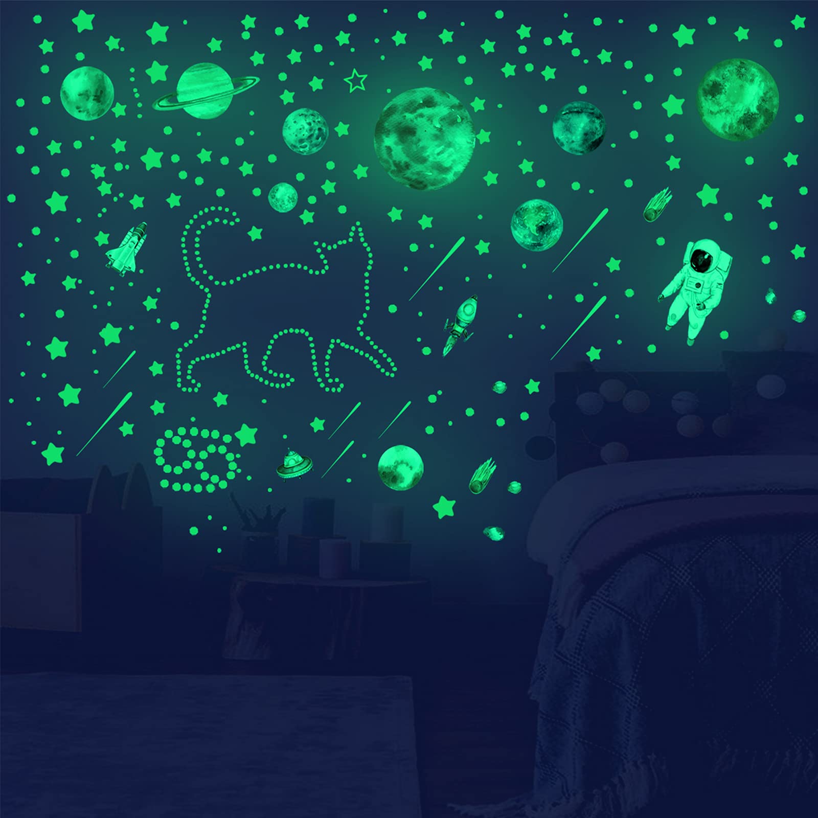 849pcs Glow In The Dark Space Stars Astronaut Wall Stickers ...