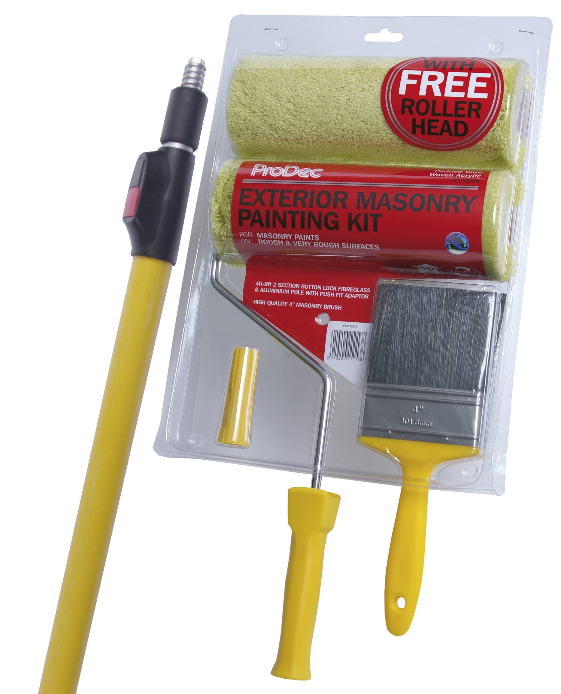 ProDec 6 Piece Twin Head Masonry Roller, 4'-8' Extension Pole & 4" Masonry Brush Set, Heavy Duty Paint Roller Set for Painting with Smooth & Textured Paints on Exterior Walls, 9"