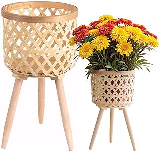 Boho Rattan Plant Stand Set of 2 – Handwoven Tall Elevated Wicker Plant ...