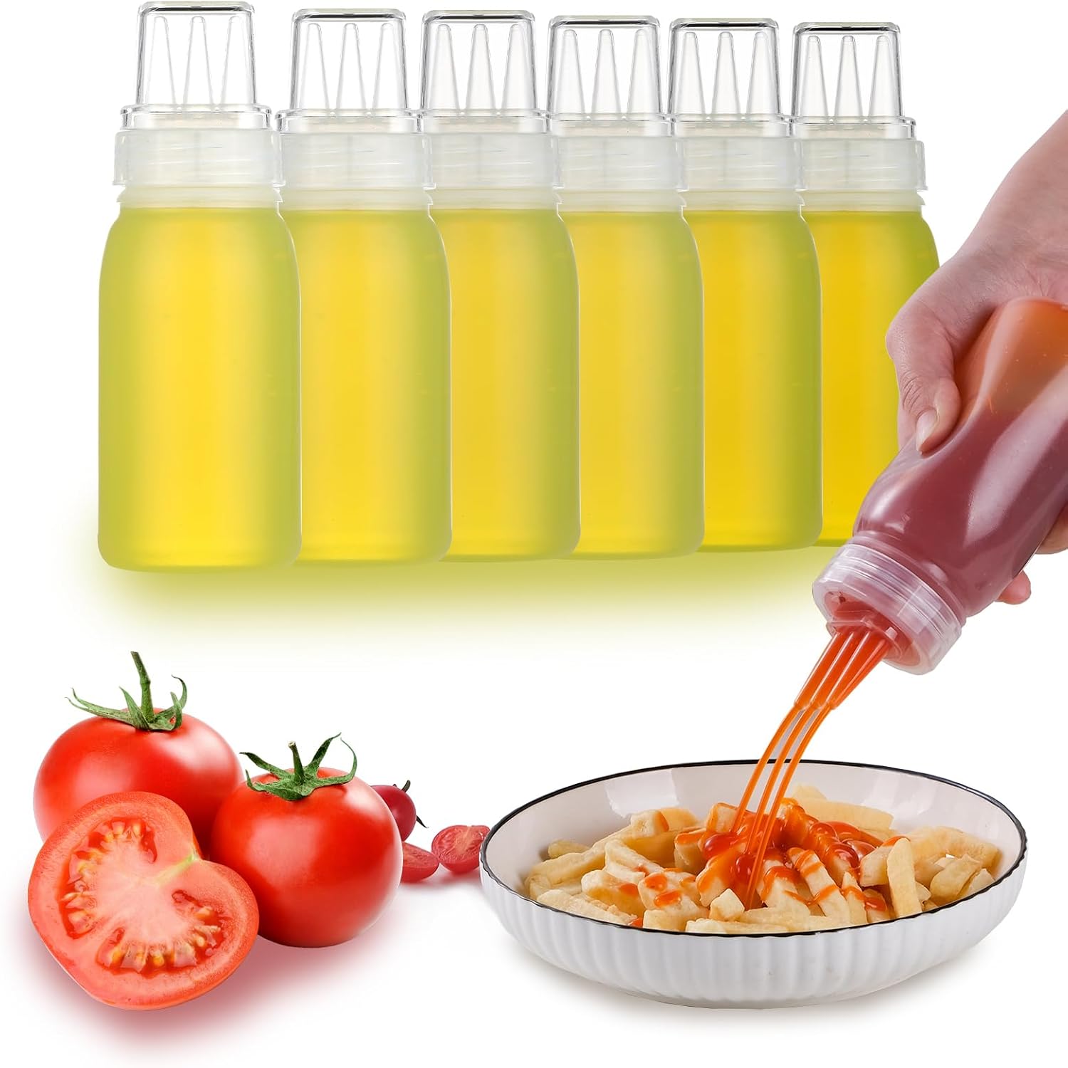6 pack 3-Hole Nozzle Plastic Squeeze Bottles for Sauces, Condiment Squeeze Bottles with Caps, Small Salad Dressing Bottle, Ketchup Bottles Squeeze – 6oz