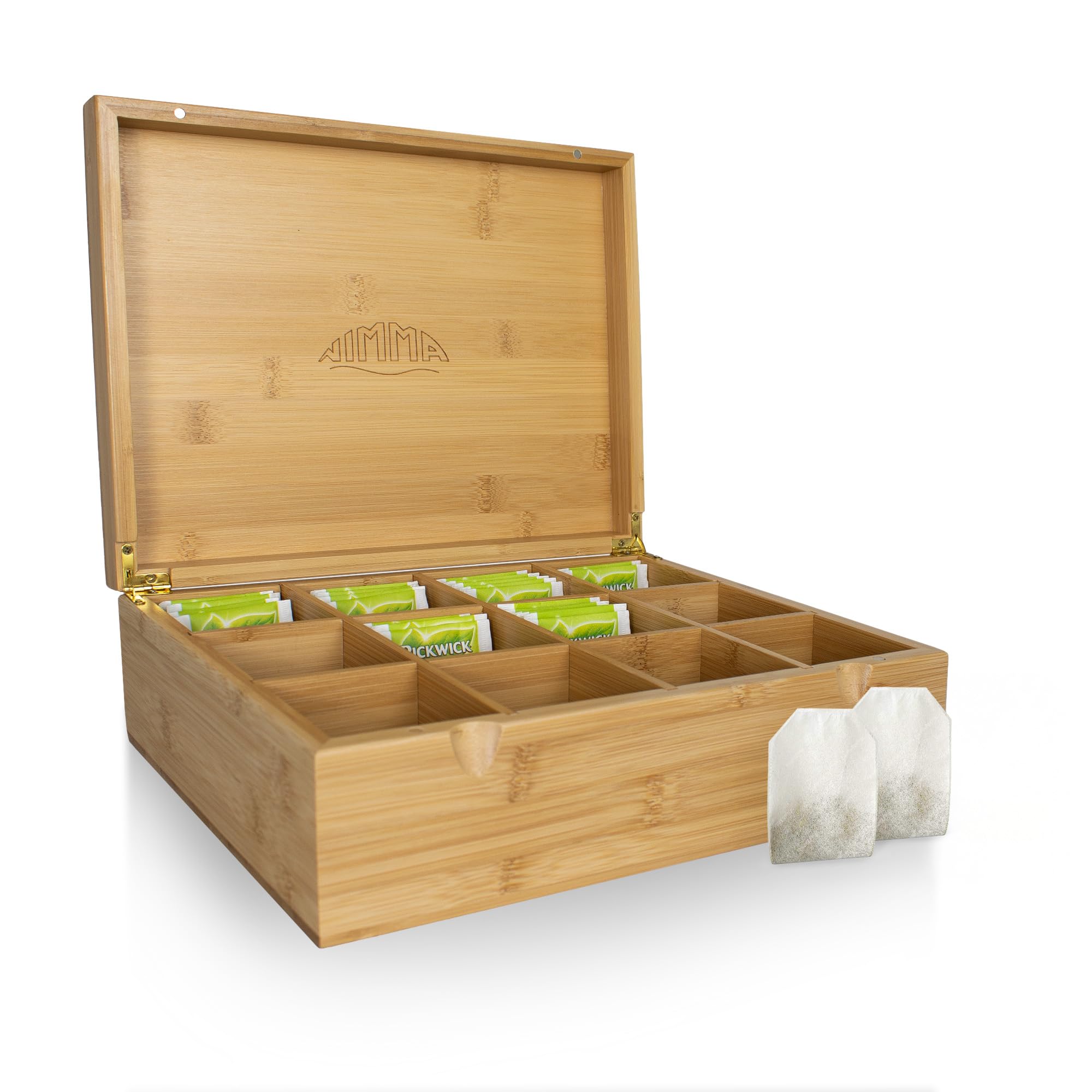 NIMMA Cajas para té – Caja de té de madera con cierre magnético – Adecuada para Pickwick, Lipton y más – Compartimentos extra grandes para bolsitas de té y té suelto (1, Marrón, 12 compartimentos)