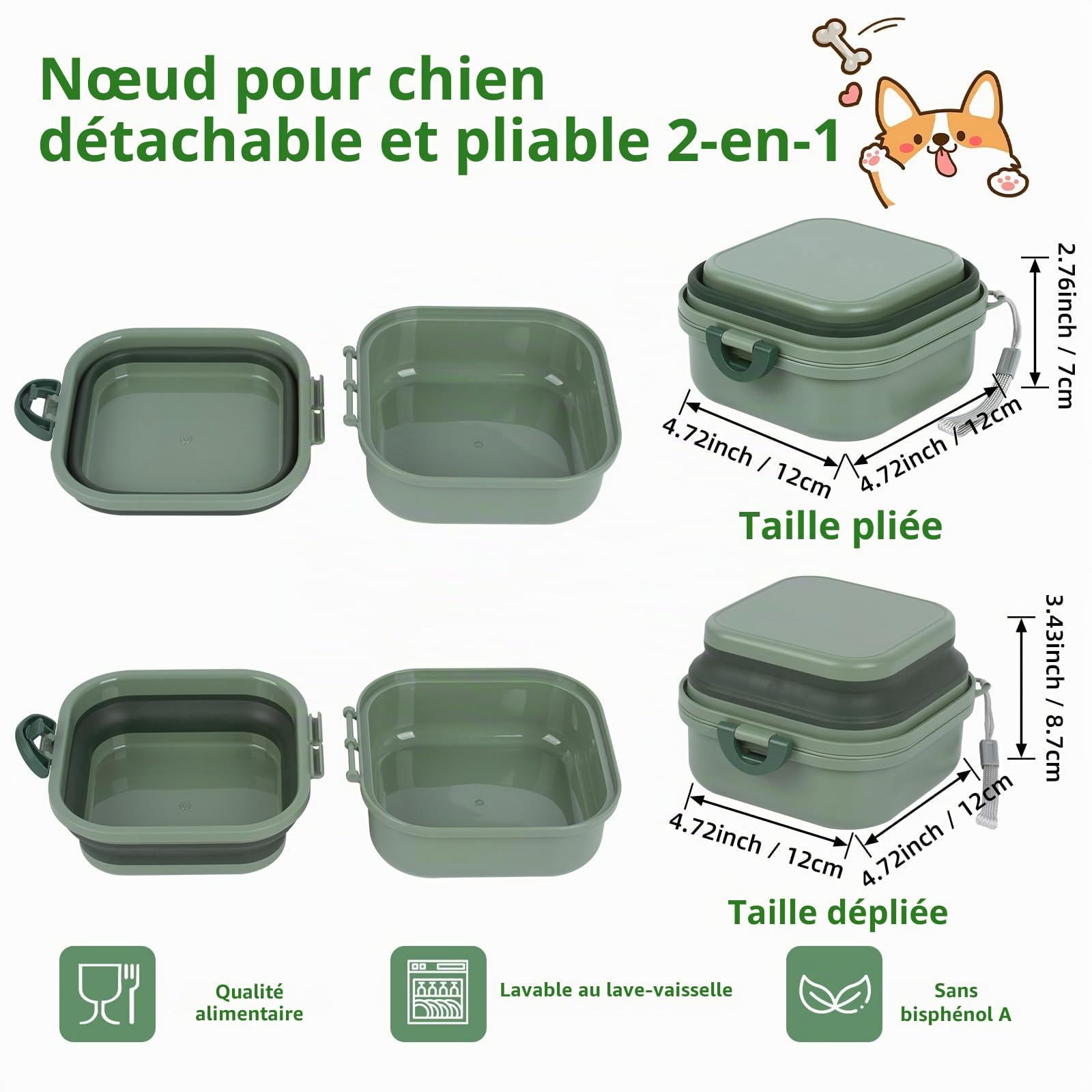 Gamelle pliable 2 en 1 pour chien - Mangeoire portable pour nourriture et eau avec séparateur amovible, design pliable en silicone avec corde de transport pour promenades, voyages, camping et
