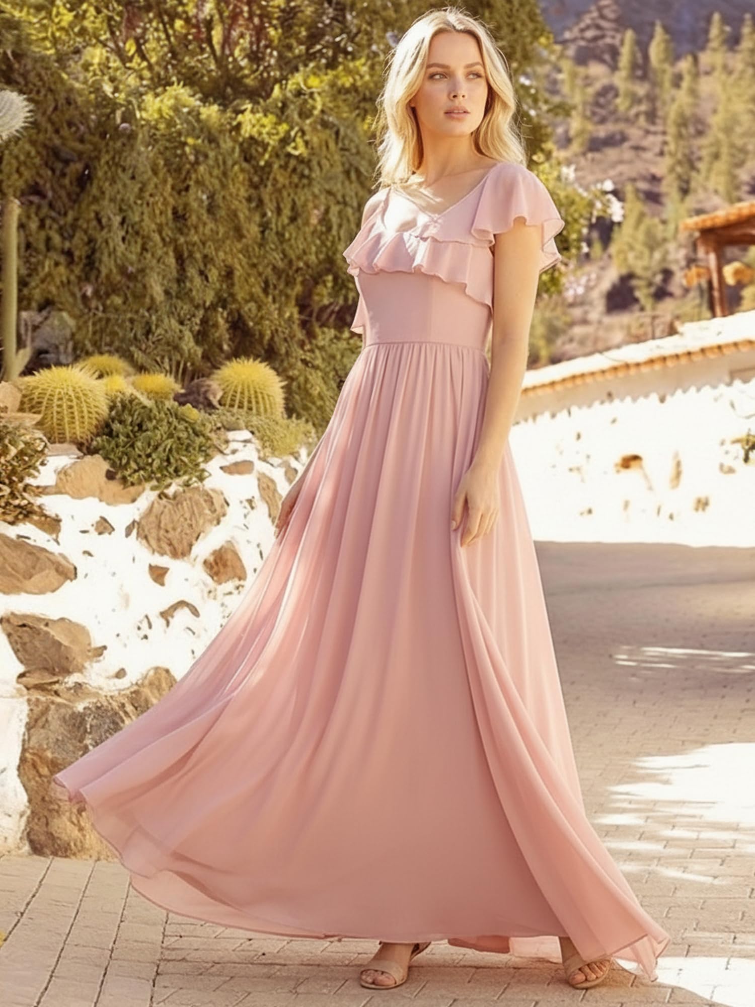 Ever-Pretty Brautjungfernkleider Lang Rüschen Elegant Abendkleide V-Ausschnitt Kurzarm ES02709
