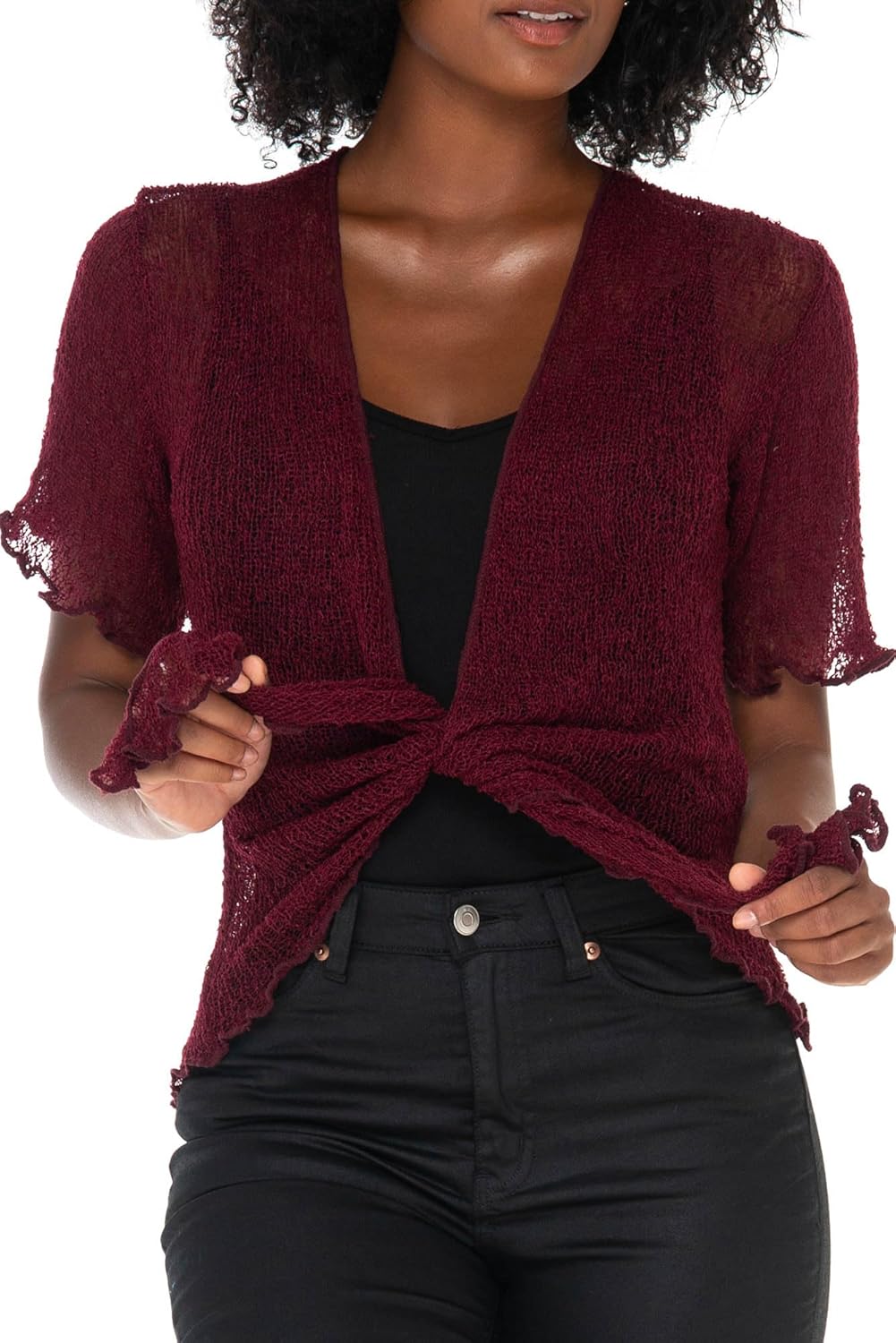 SHU-SHI Short Sleeve Cardigan Sheer Dress Shrug Tie Front Summer Sweater Lightweight Knit - Image 3