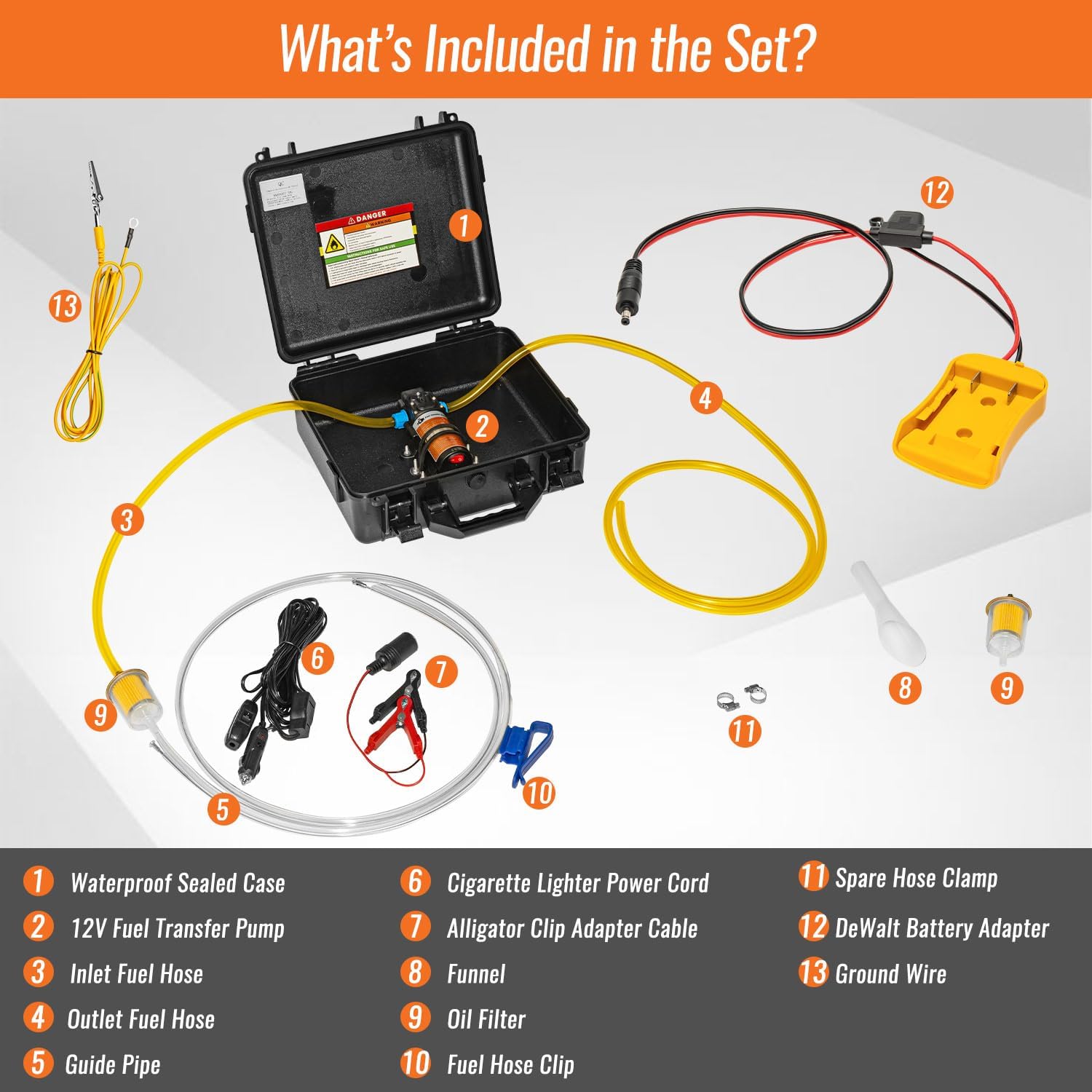 24V 85GPH Fuel Transfer Pump Set with Patented Pulley Lead Pipe & Battery Adapter, Compatible with DeWalt 20V Battery, for Vehicles, Boats (85GPH 24V, Pump with Yellow Adapter)