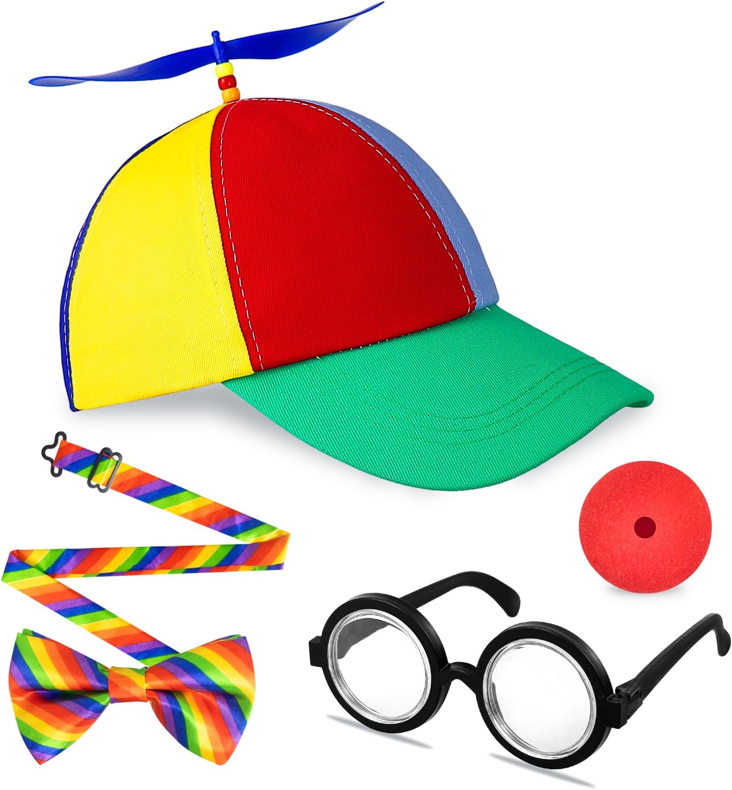 4 Pcs Propeller Hat Set, Helicopter Clown Hat with Spinning Propeller, Colorful Patchwork Rainbow Propeller Cap, Adjustable Funny Party hat, Summer Sun Protection Sun Hat for Fancy Dress Party