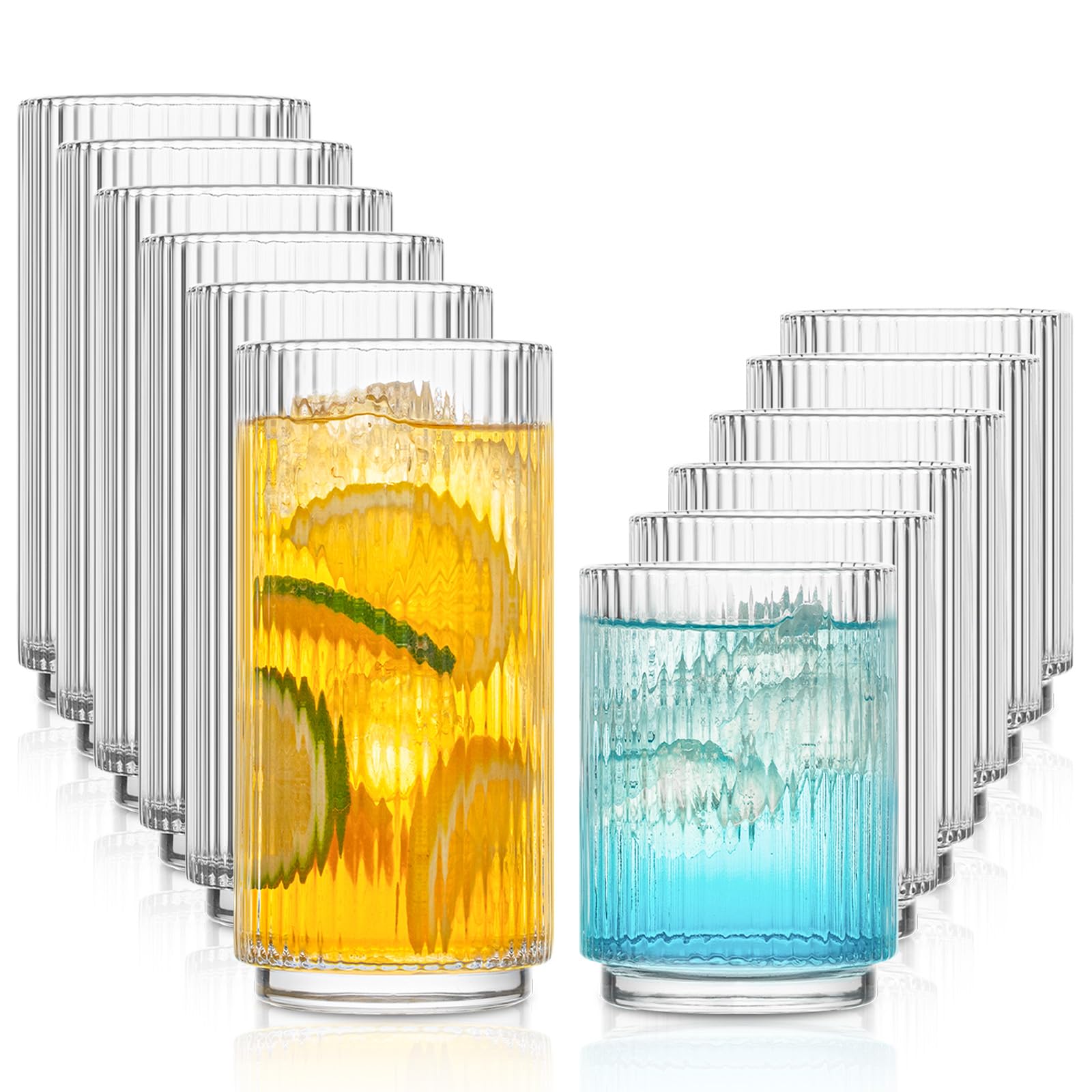 INSETLAN Ribbed Drinking Glasses Set of 12, 6pcs 355ml Highball Glasses & 6pcs 235ml Rocks Glasses – Stackable Water Glass Cups for Everyday Use for Juice, Cocktail, Restaurants, Home Bar