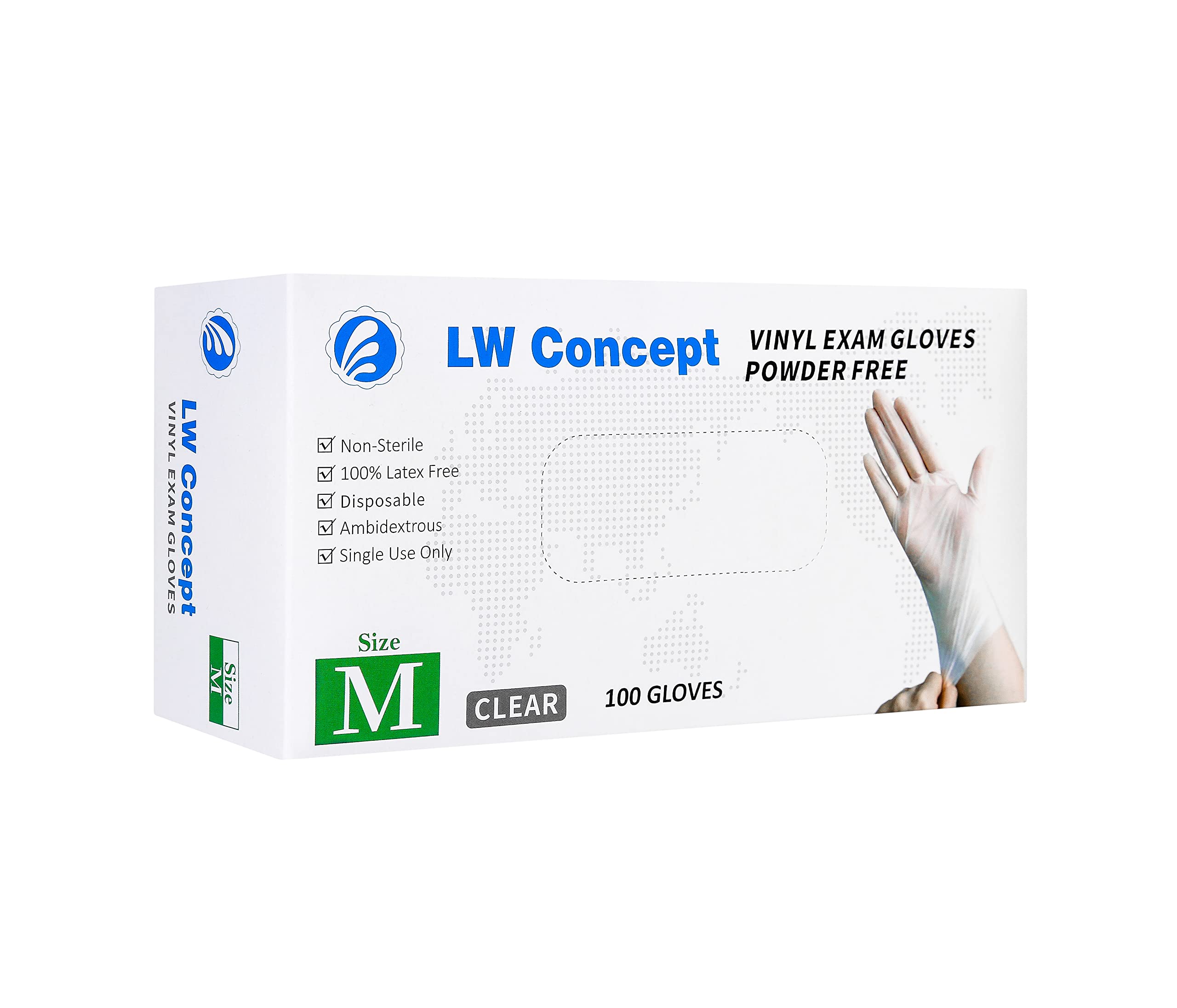 LW Concept Przezroczyste winylowe rękawice do badań medycznych, bezpiecznych dla żywności, gotowania, czyszczenia, manipulacji, uniwersalne, bez lateksu i pudru, 3,5 mil (LW3002, średnie, opakowanie