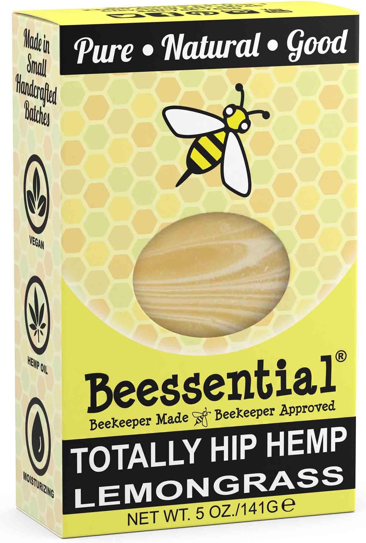 Beessential All Natural Totally Hip Hemp & Lemongrass Small Batch Bar Soap – Great for Men, Women, and Children – Paraben Free – Made in the USA – 5 Oz.