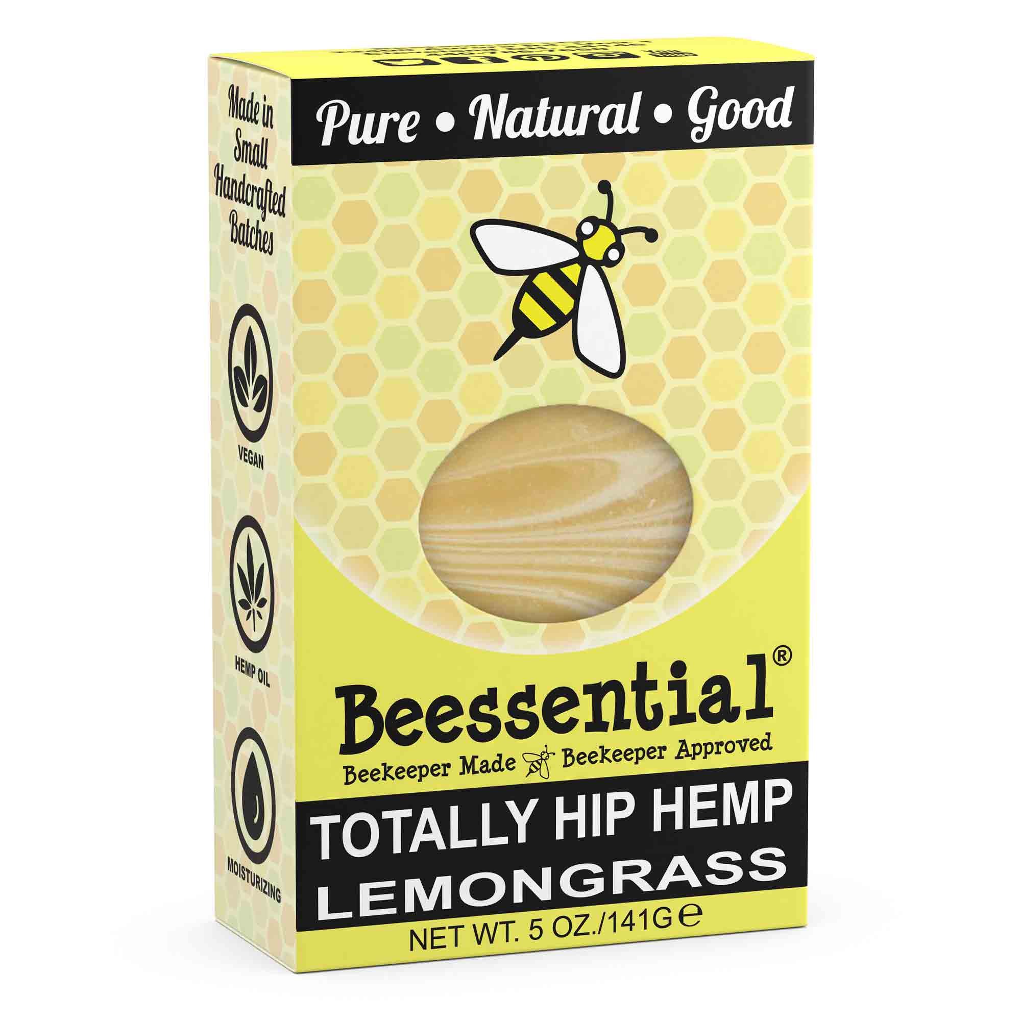 Beessential All Natural Totally Hip Hemp & Lemongrass Small Batch Bar Soap – Great for Men, Women, and Children – Paraben Free – Made in the USA – 5 Oz.