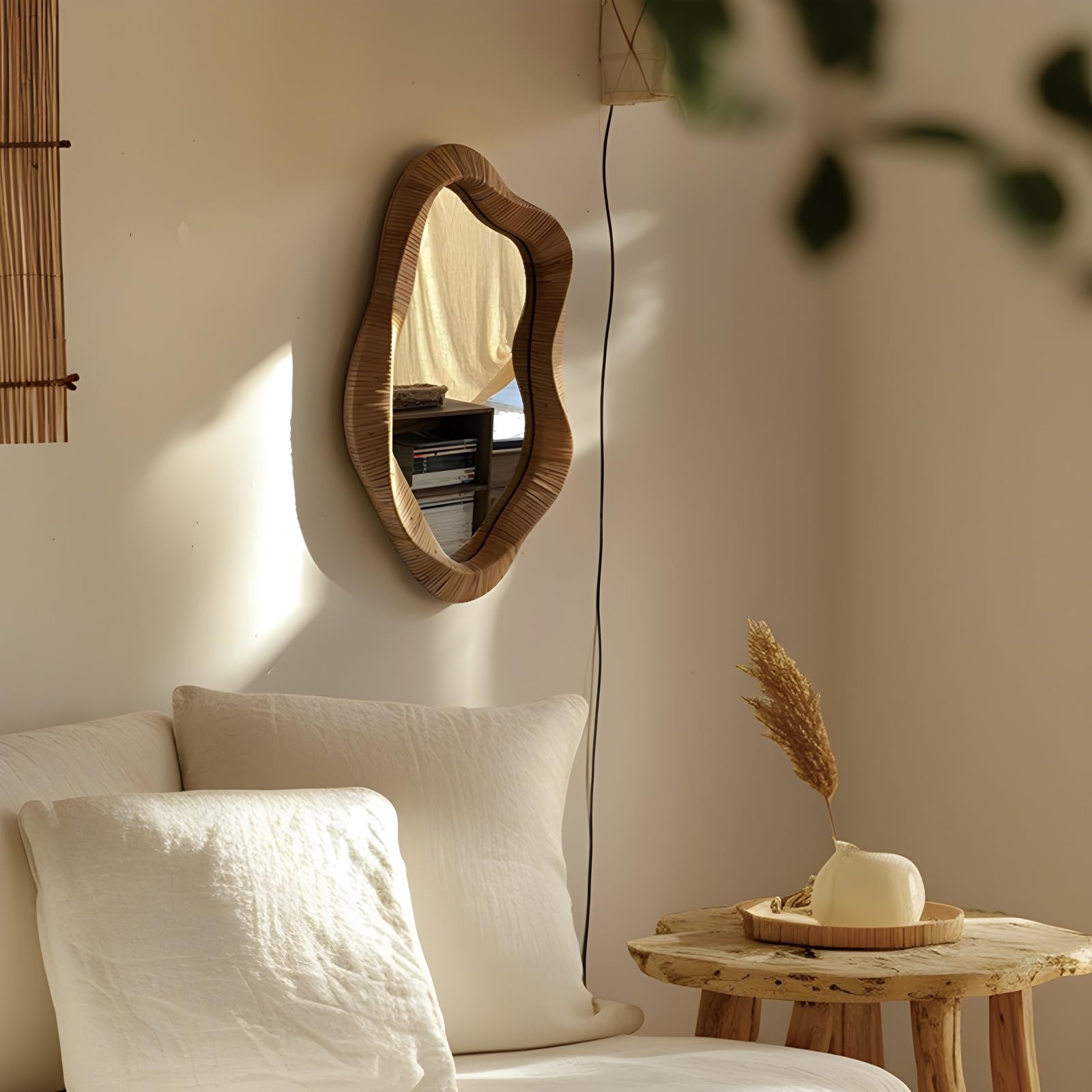 FGXHHS Handwoven Boho Hanging Wall Mirror Decorative Rattan Mounted For Farmhouse, Living Room, Bedroom, Bathroom(50x80cm/19.7x31.5in)