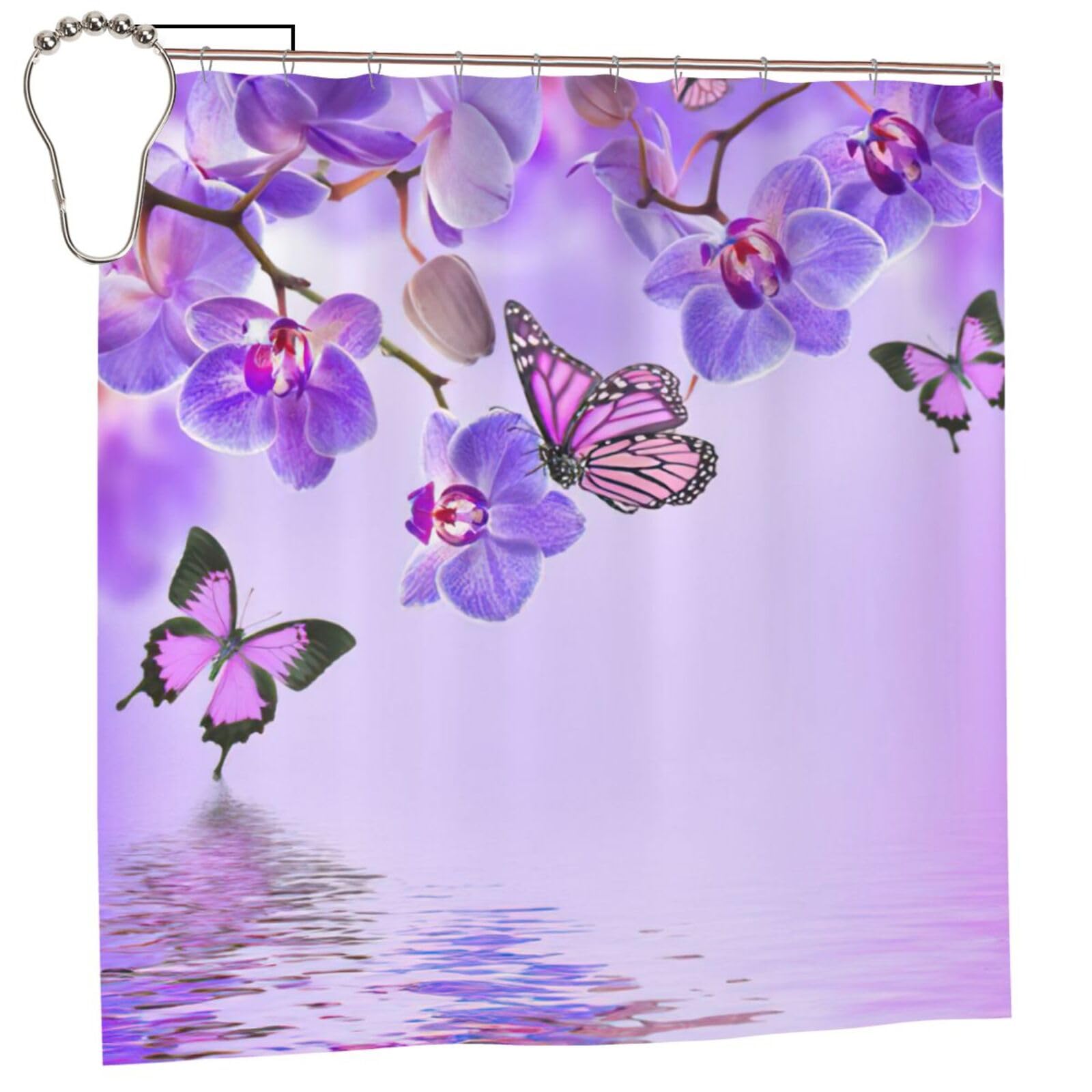 Rideau de douche violet 183x183 cm en polyester imprimé papillon avec 12 oeillets