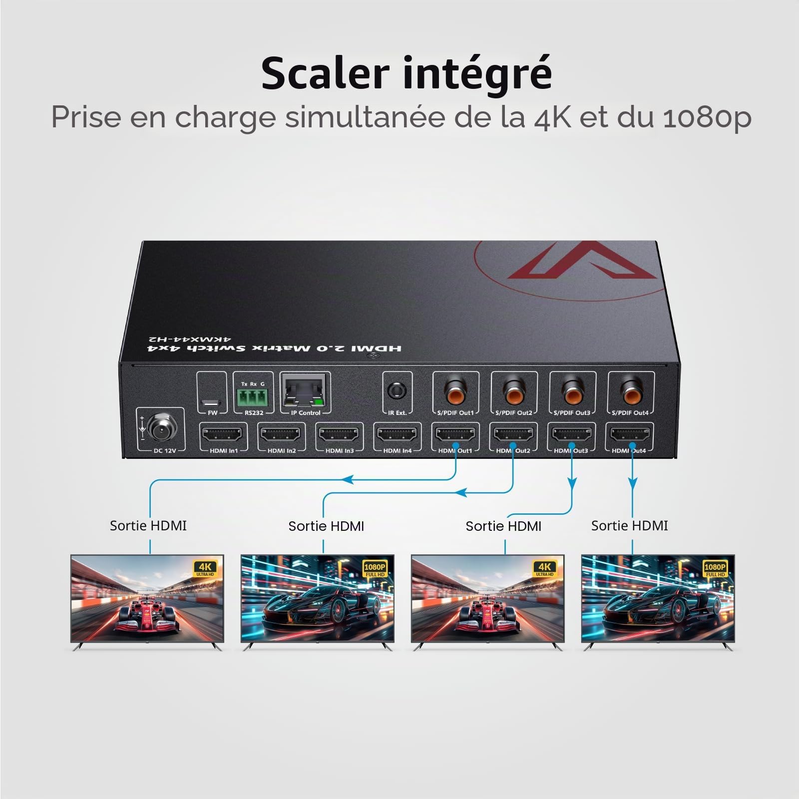 AV Access 4x4 4K @ 60Hz HDMI Matrix Splitter, HDR10, 3D, Extraction Audio, Downscaler 4K à 1080P, SPDIF 5.1CH, HDCP 2.2, Mémoire de Mise Hors Tension, Web UI + RS232 + IR + Bouton de contrôle