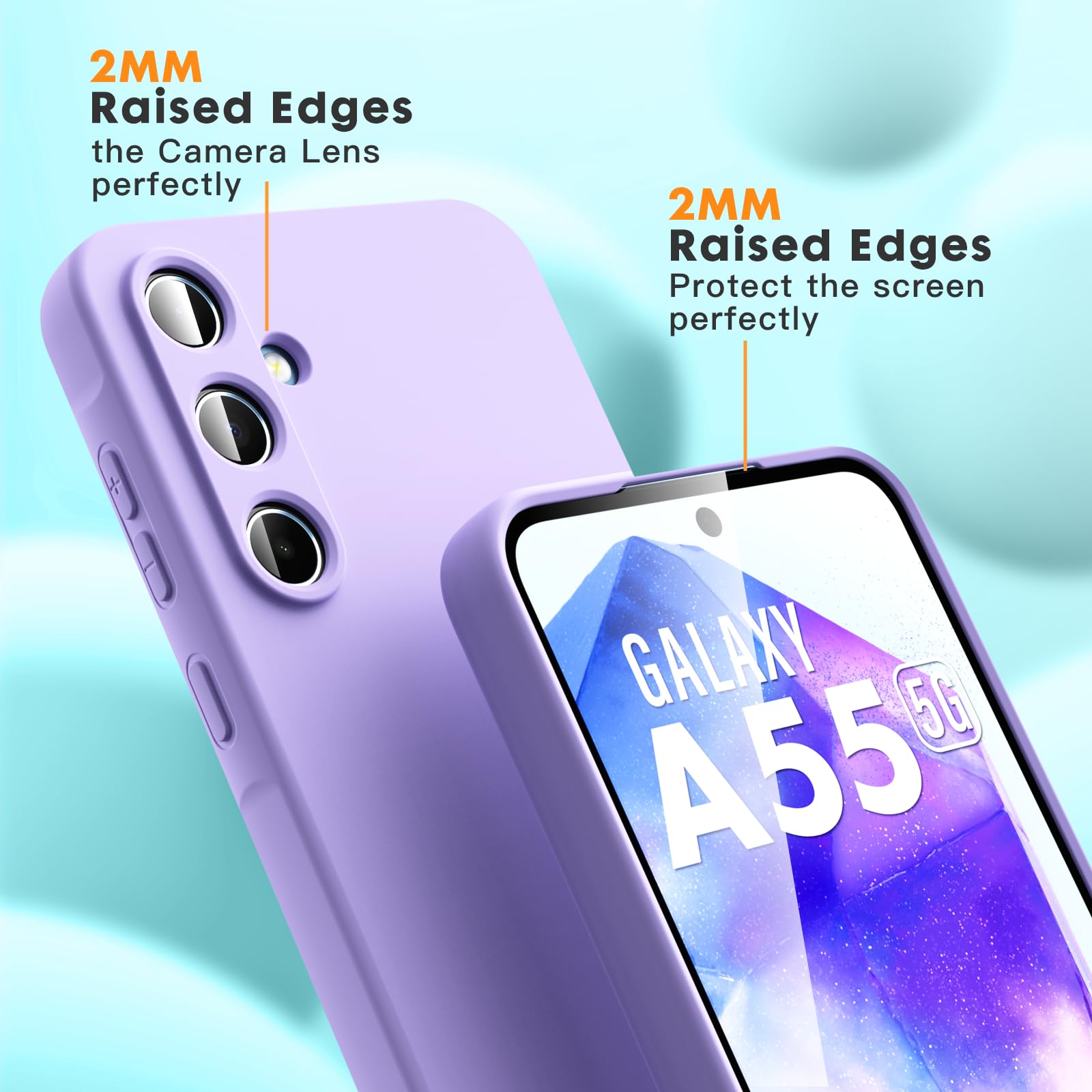 Vansdon Cover Compatibile con Samsung Galaxy A55 5G, 2 Pellicola Protettiva in Vetro Temperato, Gomma Gel di Silicone Liquida Antiurto Custodia - Viola chiaro