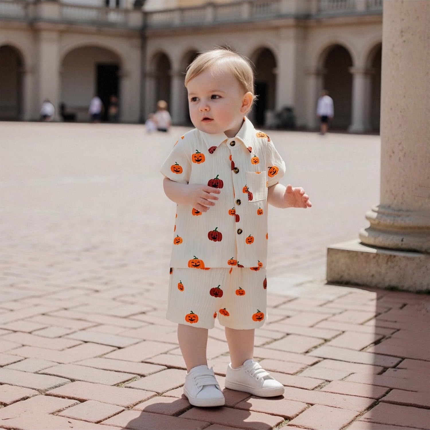 Toddler Baby Boy Halloween Outfit Pumpkin Cotton Linen Button Down Short Sleeve Shirt and Shorts 2 Piece Clothes Set - Image 3