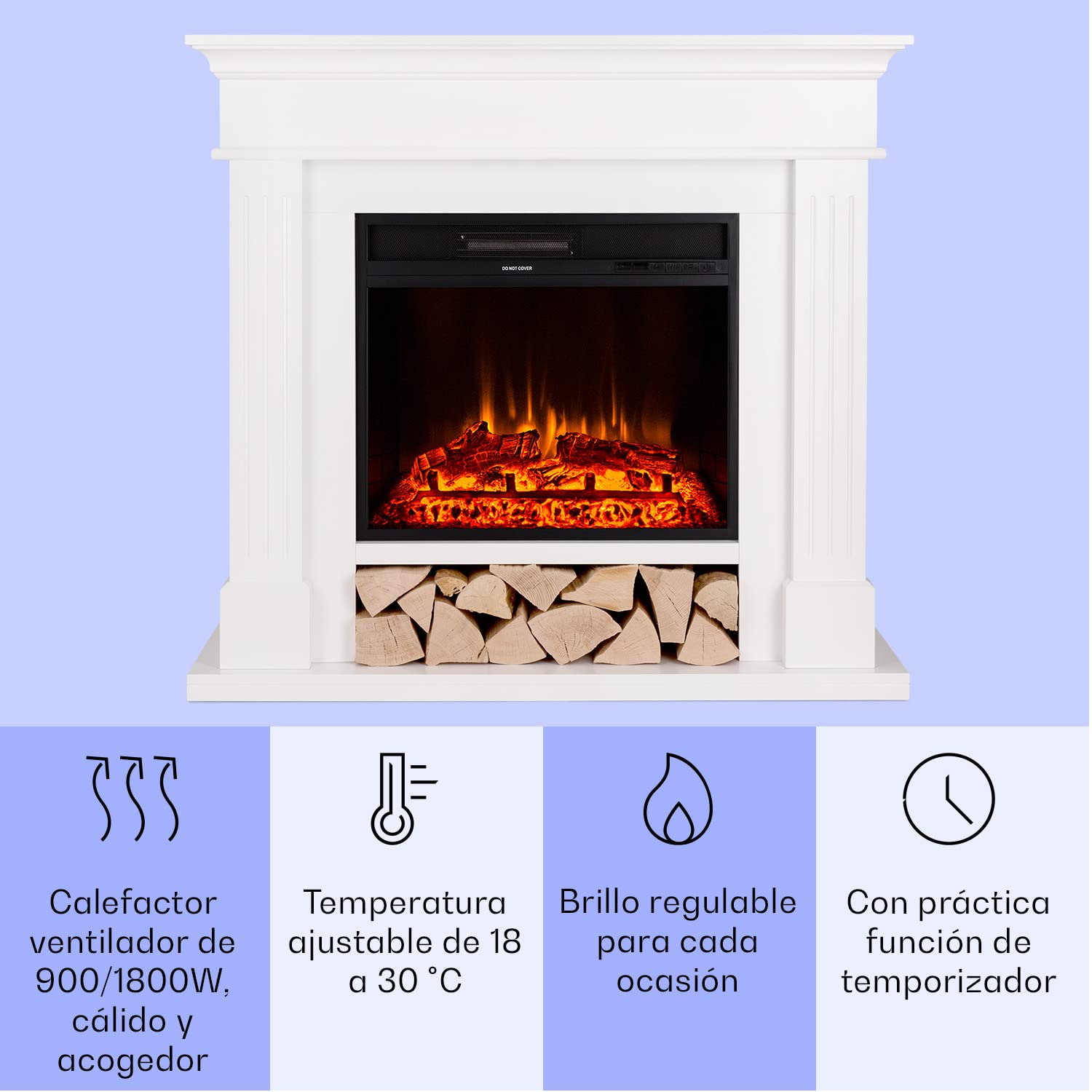 Klarstein Chimenea Electrica Pared, Llama LED con una Potencia de 1800W y Mando, Temporizador y Control Automático de Temperatura, Chimenea Interior Casa con Efecto Troncos, Estufas Interior