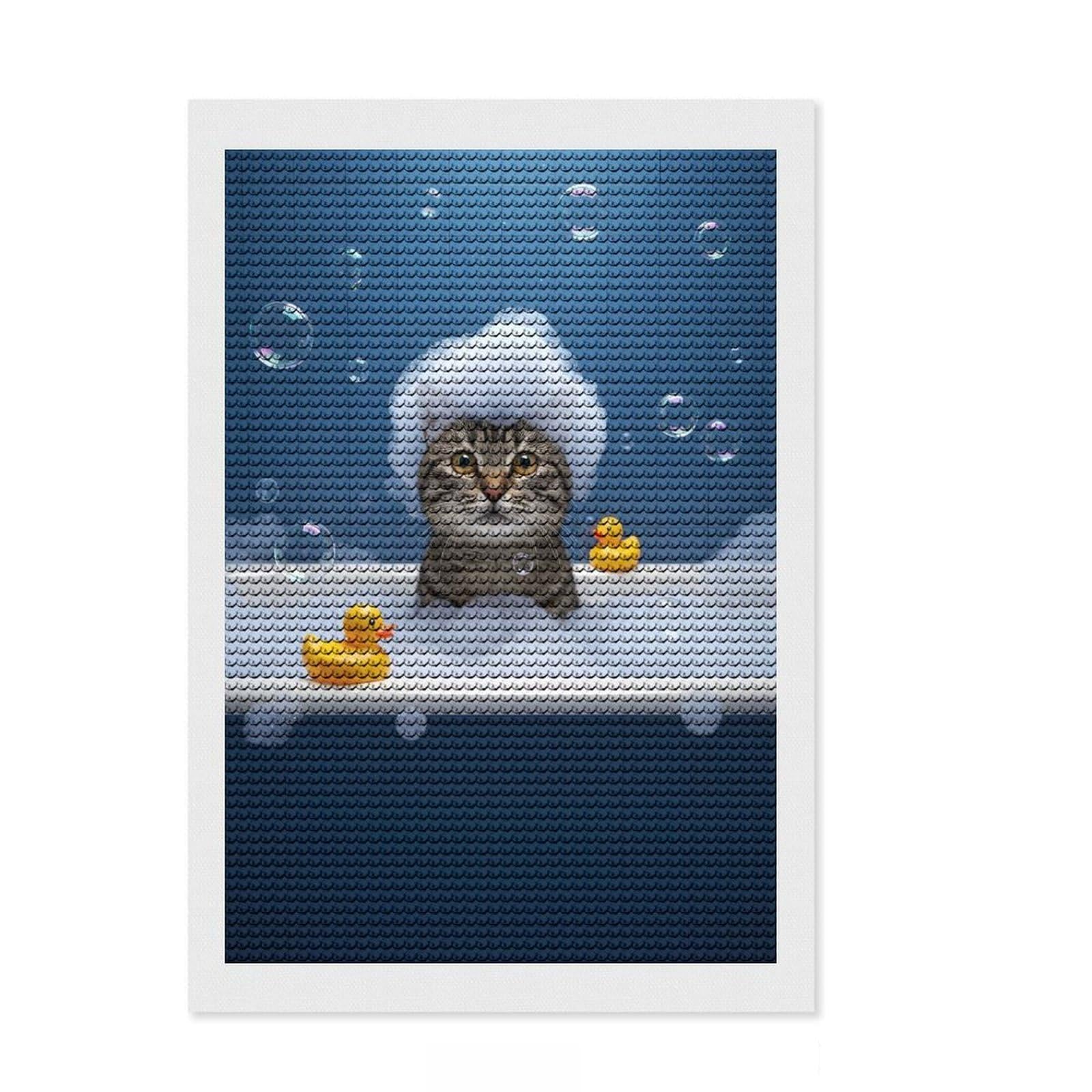 Junmoney Cat in Bathtub with Bubbles DIY Diamond Art Canvas Kit 8"x12", Easy to Follow Symbols, Finish and Display, Creative Leisure Activity