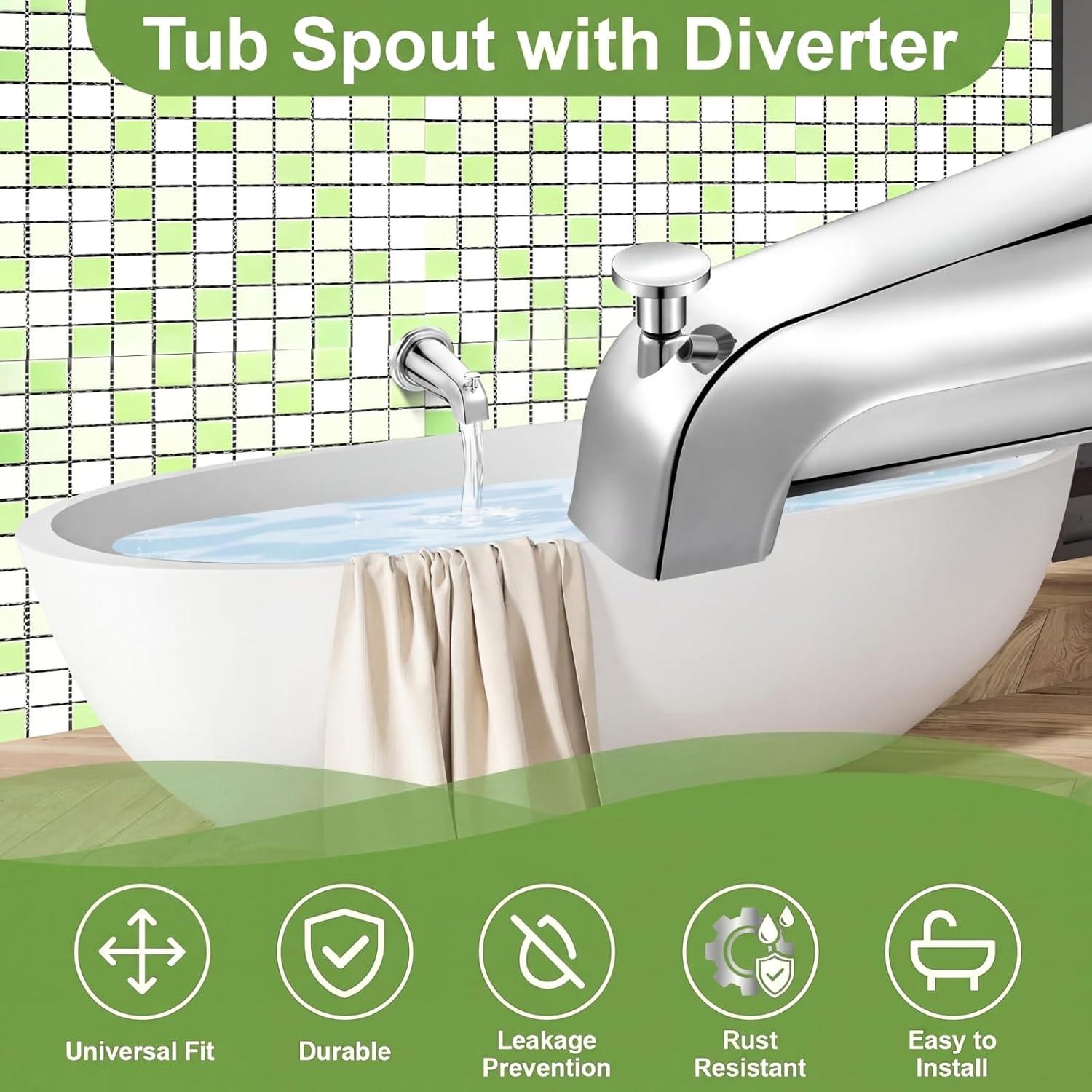 Enhon Tub Spout, Universal Fits 1/2'' Copper Pipe, 1/2'' IPS and 3/4'' IPS, Bathroom Bathtub Tub Faucet Replacement with Adapters (with Diverter,Chrome)
