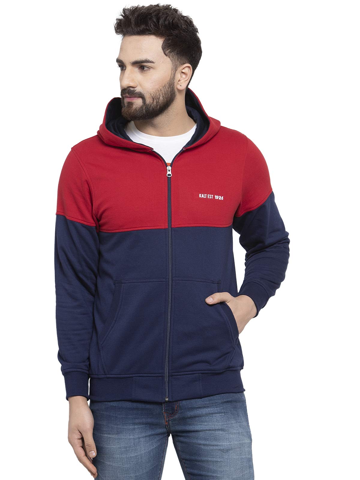 kalt Men's Full Sleeves Dual Colour Zipper Fleece Hoodie(Navy::Red)-picture-18