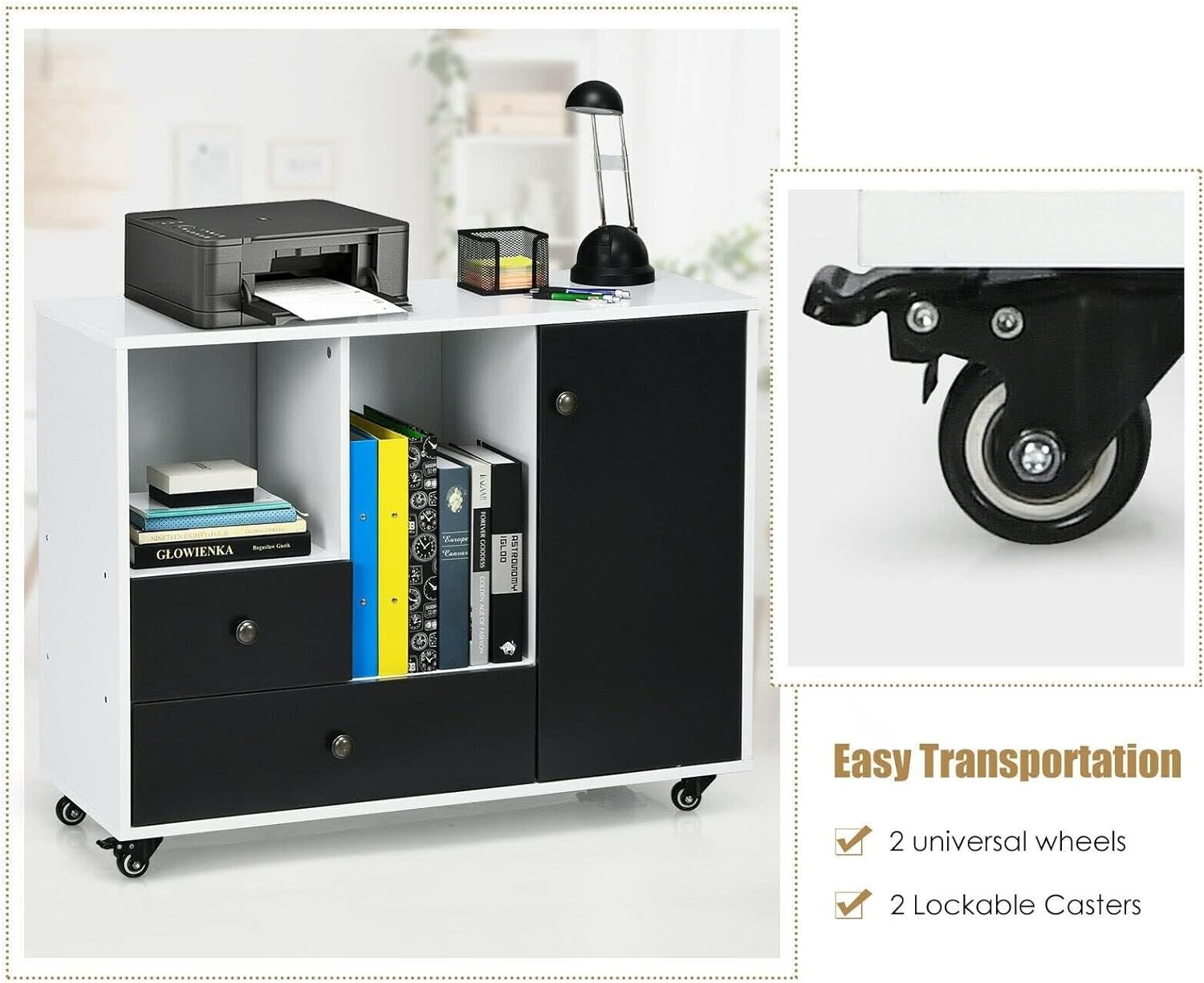 Filing Cabinet Lateral Mobile File with 2 Drawers & Shelves, Large Printer Stand Adjustable Cubbies for Office Storage, Engineered Wood, White Black