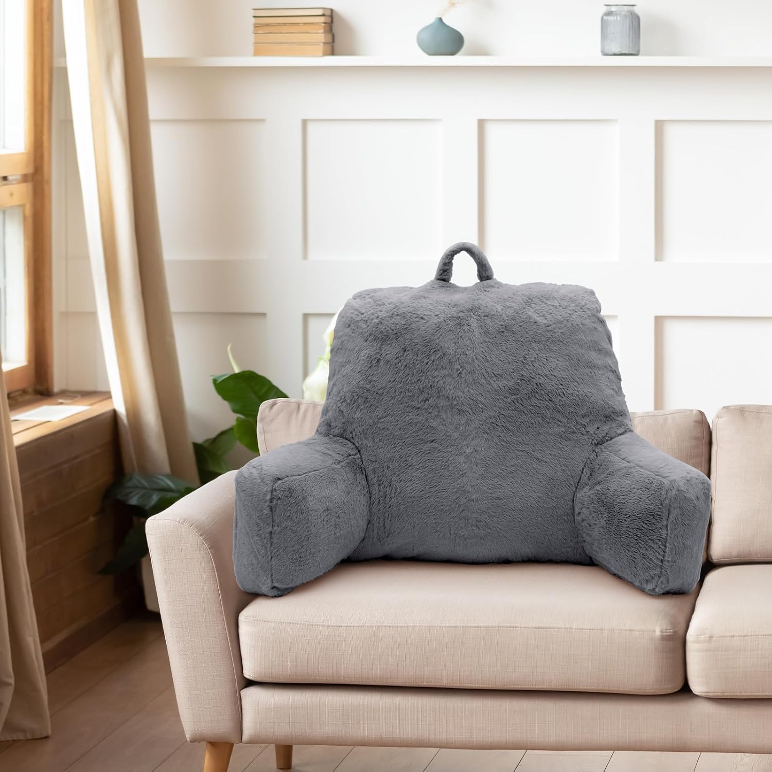 Reading Pillow for Sitting in Bed Adult – Back Support with Arms, Large Bed Rest Cushion for Reading, TV, Gaming, Laptop – Home, Office, Dorm, Grey