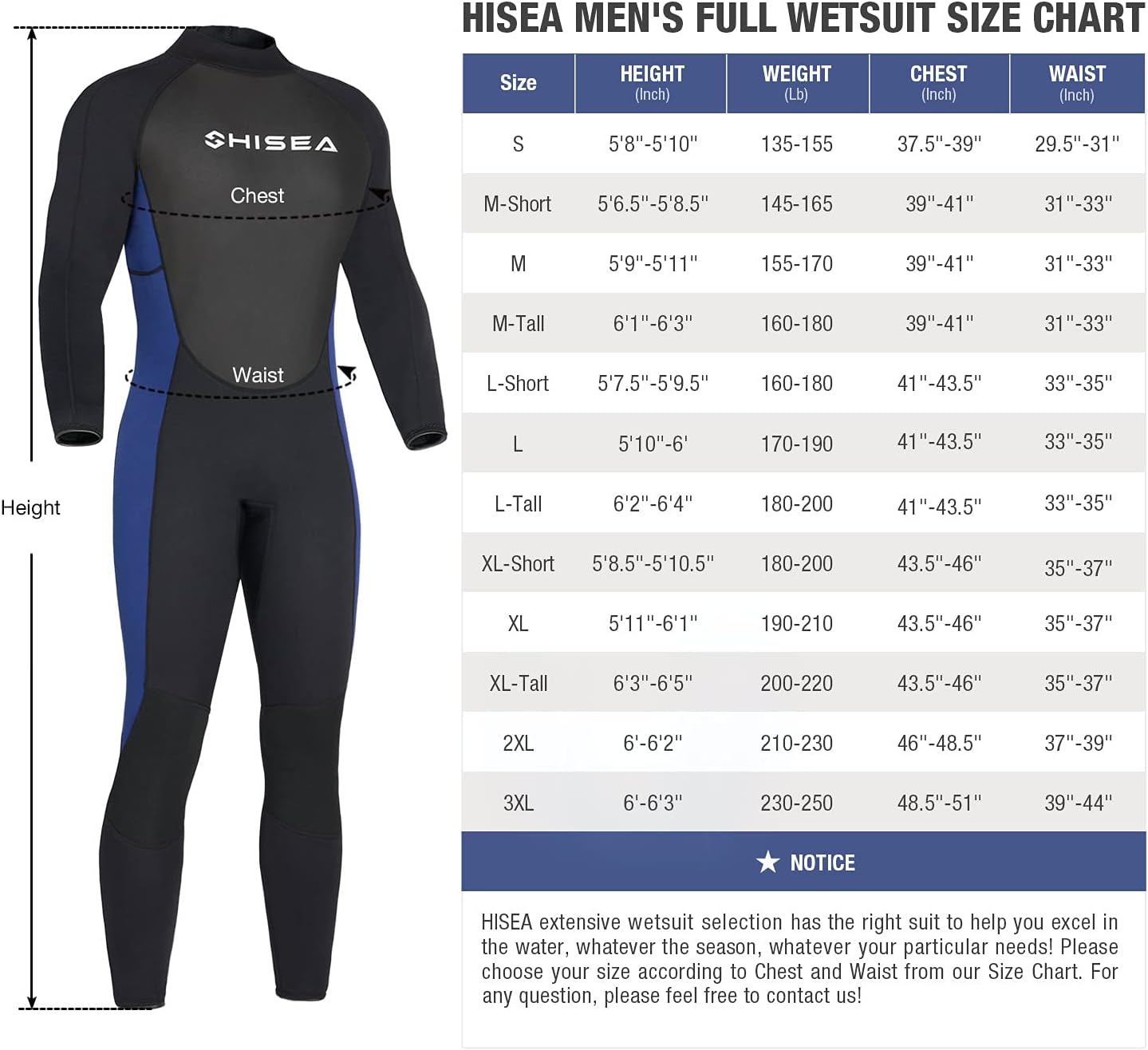 HISEA Wetsuit Men Neoprene Full Scuba Diving Suits Thermal Swimsuit Long Sleeve Back Zip for Water Sports : Sports & Outdoors