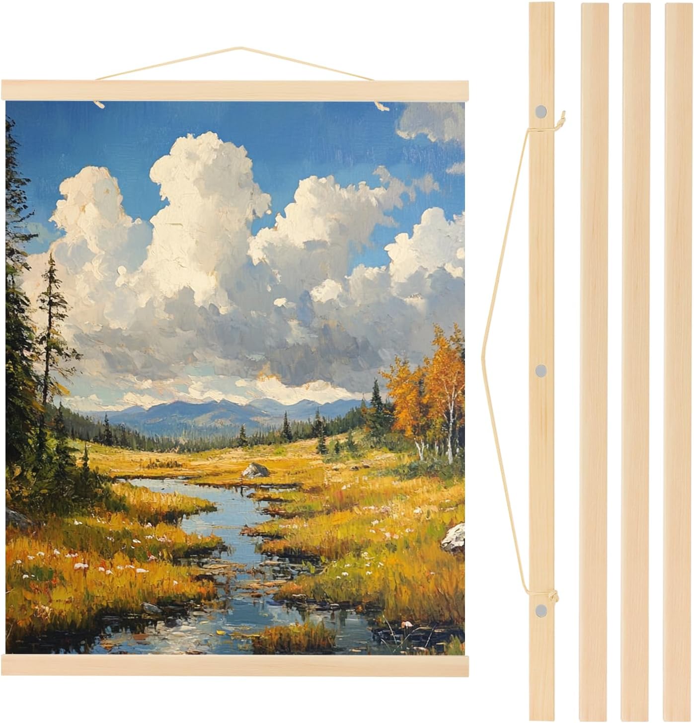 PATIKIL 2 Set Magnetic Poster Hanger Frame 24 Inch Wooden Magnet Picture Hangers Frames Wide Hanging Kit for Photos, Pictures, Artwork, Maps, Wood Color