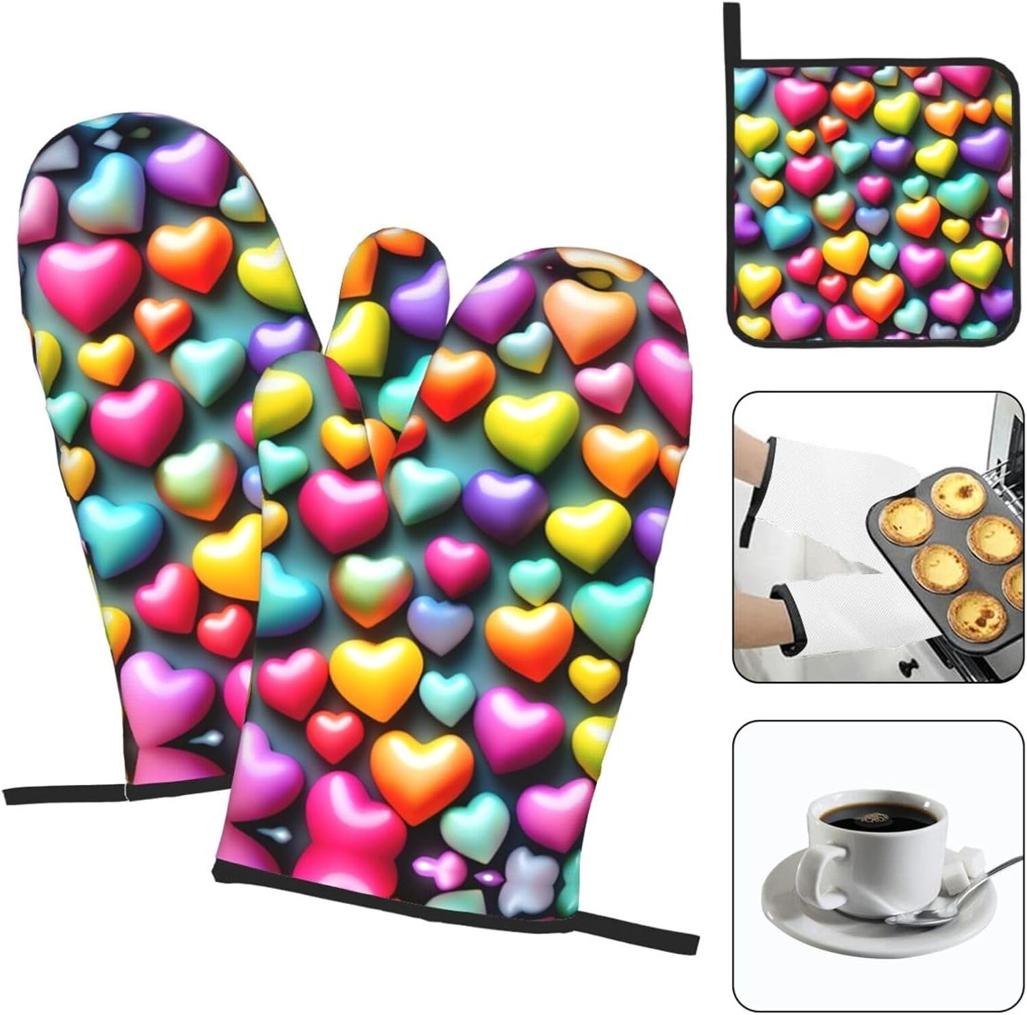 Colorful Rainbow Hearts Print Heat Resistant Microwave Gloves, Used for Baking, Cooking, and Fashion Kitchen Essentials