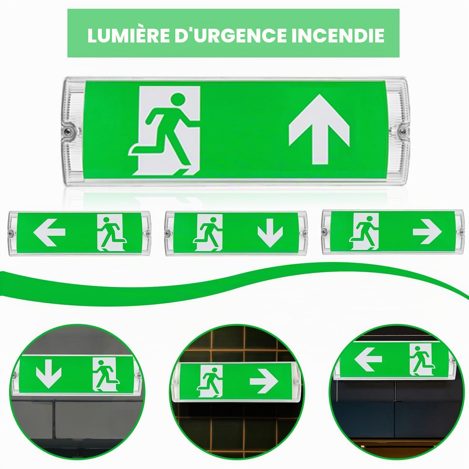 Éclairage de secours à LED, éclairage de sortie de secours à LED, éclairage de sortie de secours étanche IP65 avec batterie de secours, panneau de sortie de secours éclairé 3H, 4 pictogrammes