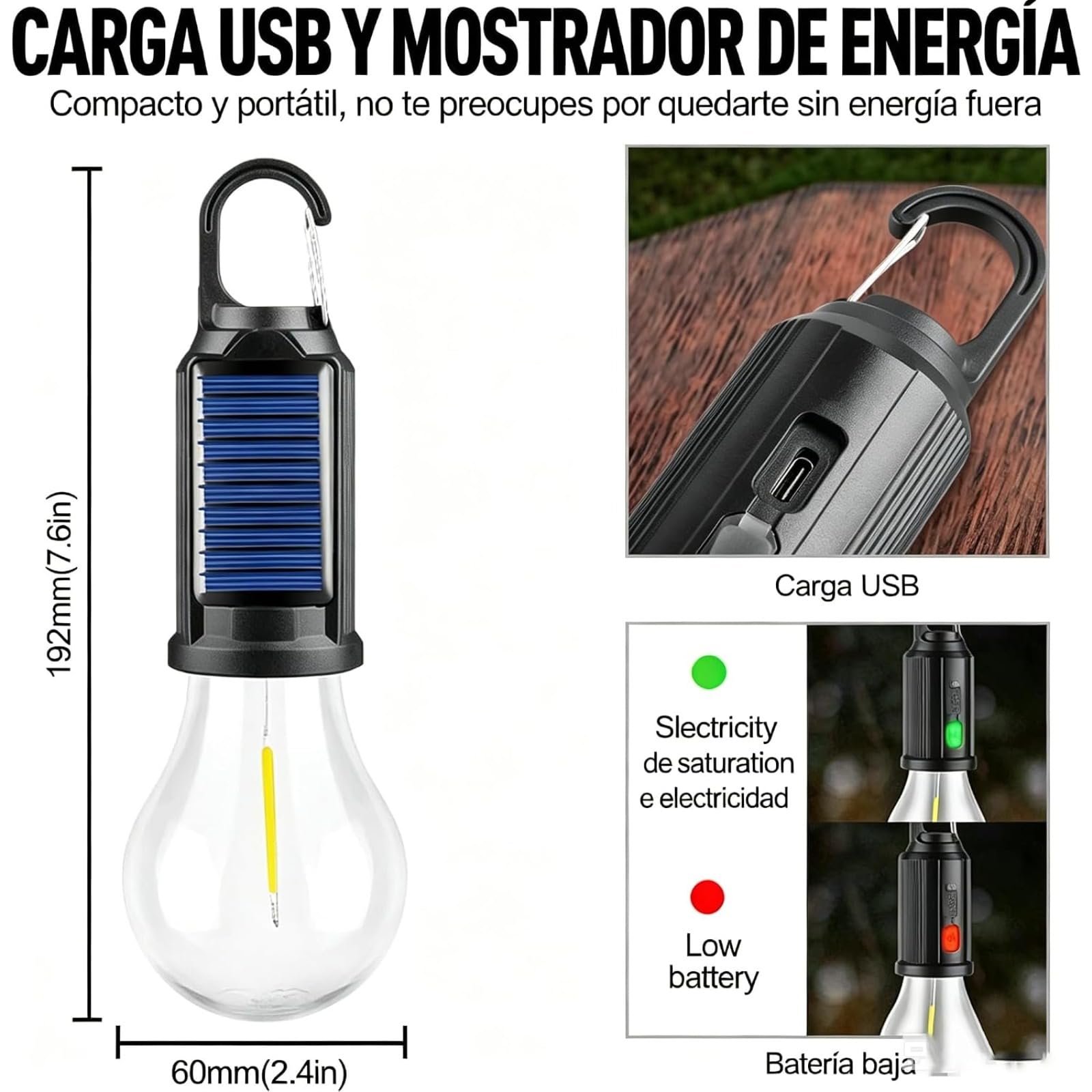 Bombilla Led Solar HookPro - Lámpara Solar Portátil Recargable, 3 Niveles De Luz, Ideal Para Acampadas, Senderismo, Escalada Y Viajes Con Mochila. (4 PCS)