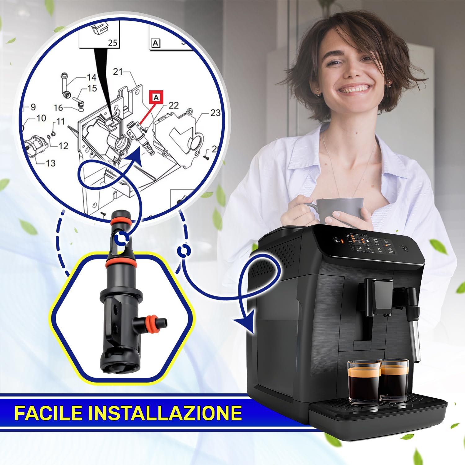 MONTERAL Gruppo Raccordo Valvola con Guarnizioni V3 2Bar per Macchina Caffè Automatica con Codice Originale 421946011491 per Gaggia per Saeco per Philips - Garanzia di 10 Anni
