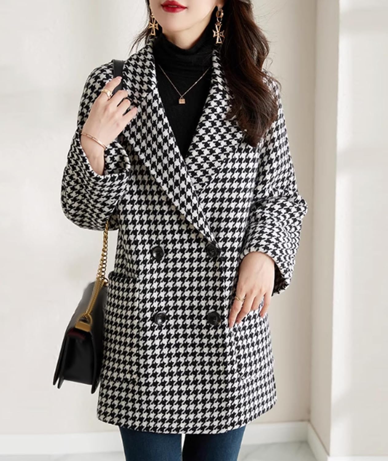 SOMTHRON Women's Houndstooth Blazer Jackets Double Breasted Notch Lapel Trench Coat Peacoat Plaid Overcoat - Image 5