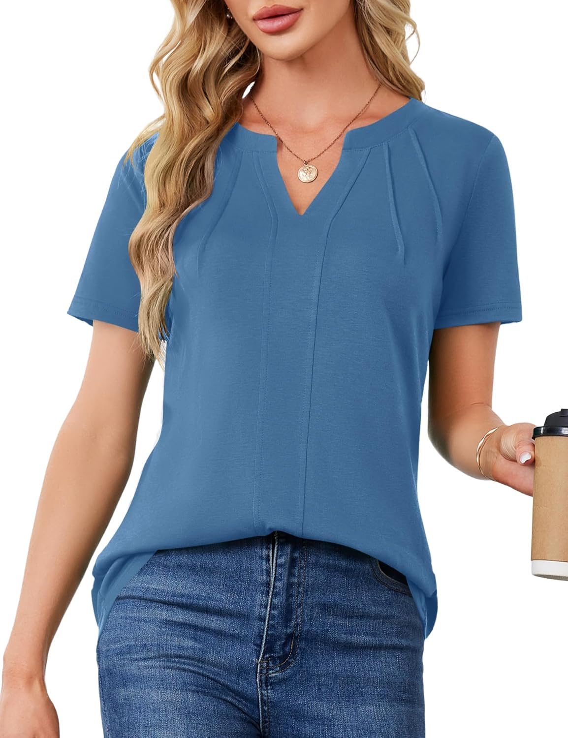 AKEWEI Short Sleeve Blouses for Women V Neck T Shirts Pleated Summer Dressy Casual Tops - Image 2