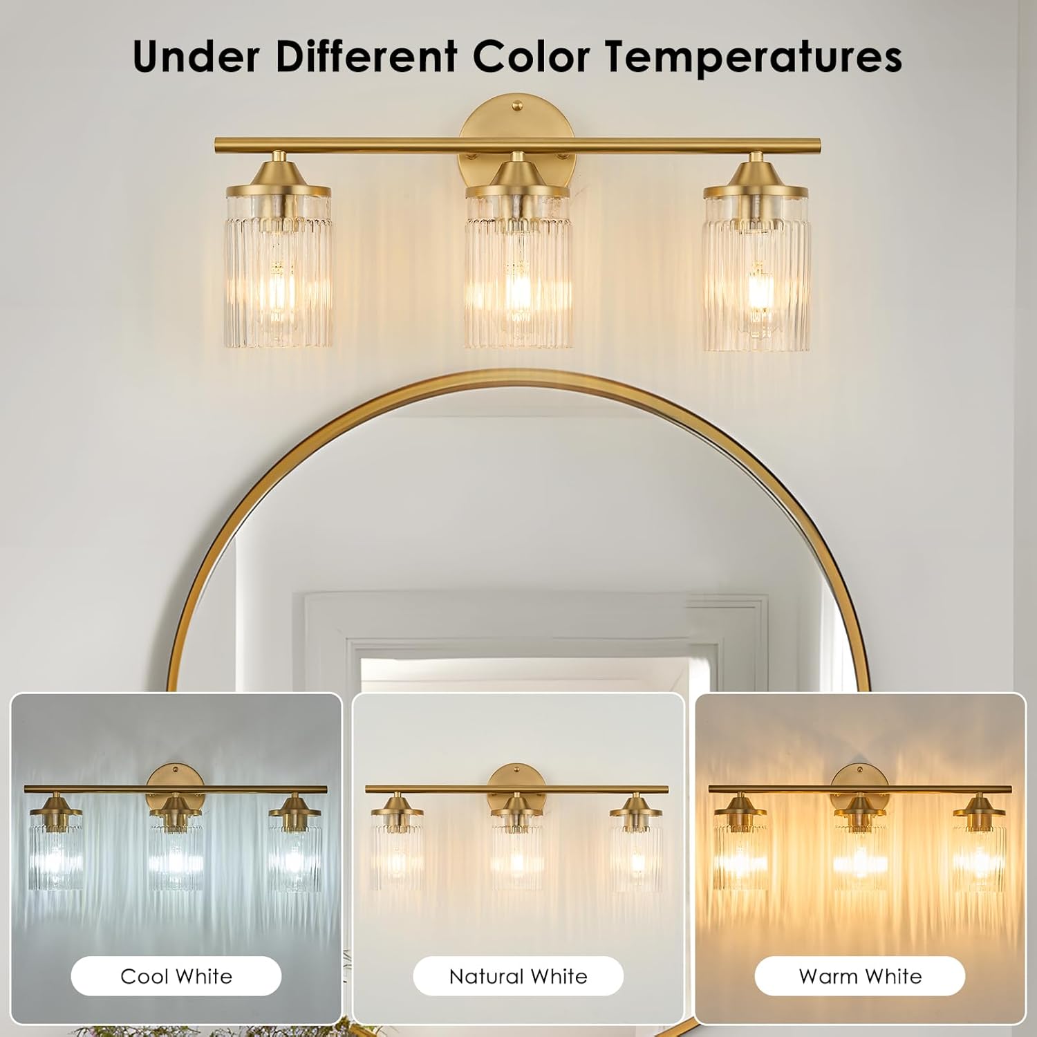 Jonsi Gold Bathroom Light Fixtures 3-Light Vanity Lights Modern Wall Sconce with Clear Glass Shade Brushed Brass Bathroom Light Fixture Over Mirror for Bedroom Hallway Kitchen