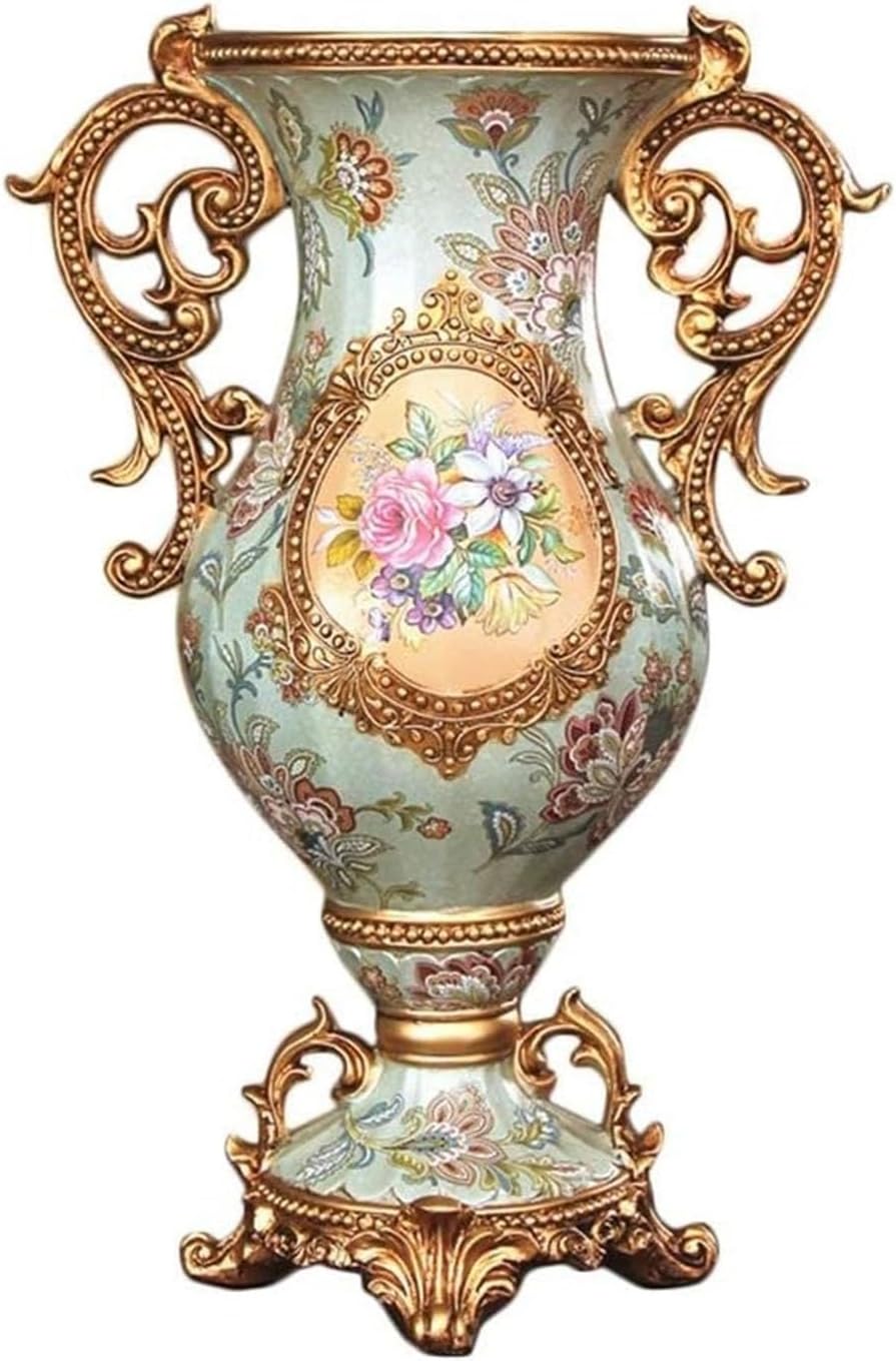 Generic European Retro Green Resin Vase, Tall Big, Round, Floral Pattern, Glossy Finish, Perfect for Kitchen, Dining, Living Room, Table Centerpiece