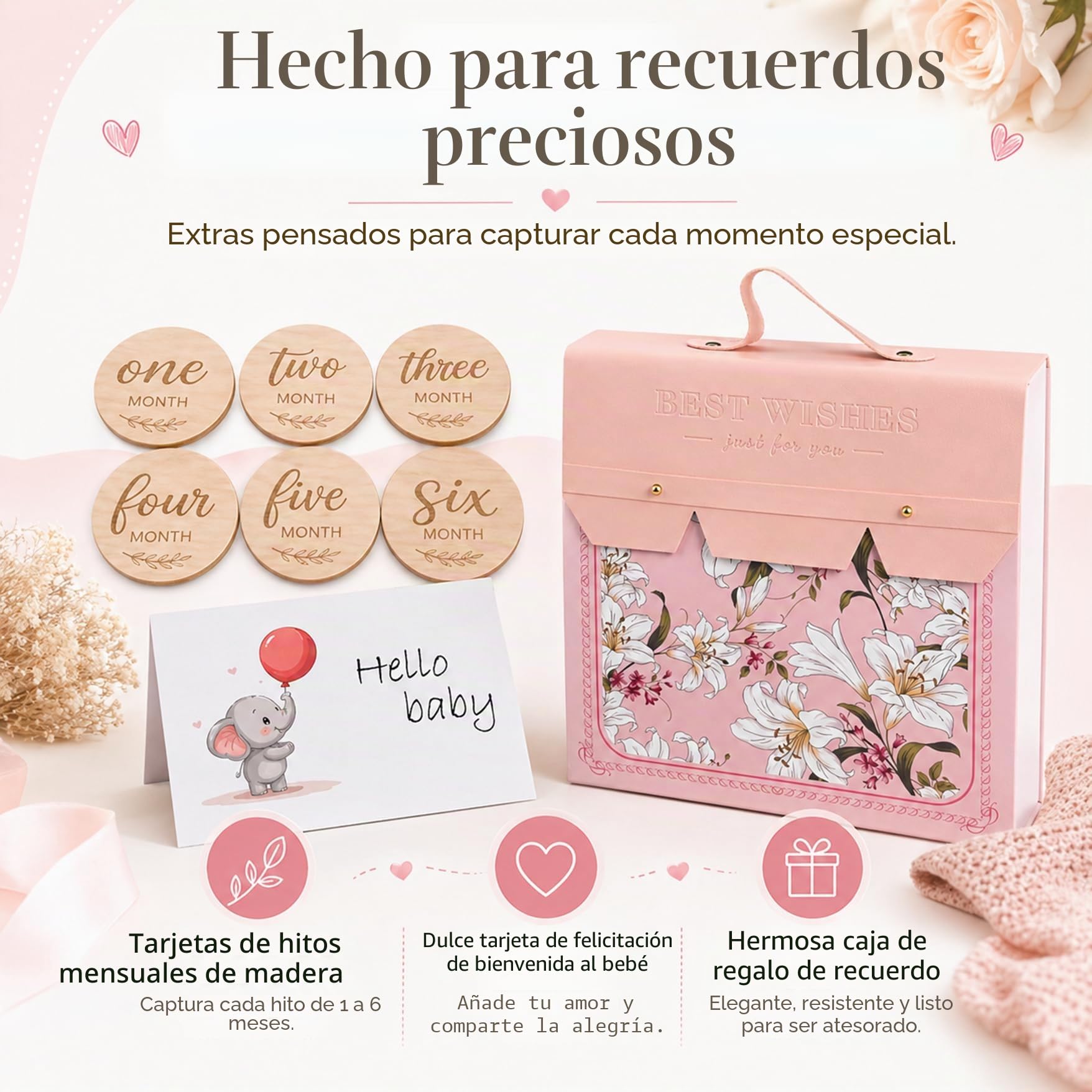 Set de regalo para recién nacidos – 15 piezas: manta, body, mordedor, cepillo de madera, tarjetas de hitos, babero, calcetines antideslizantes, caja de recuerdos y tarjeta de felicitación.