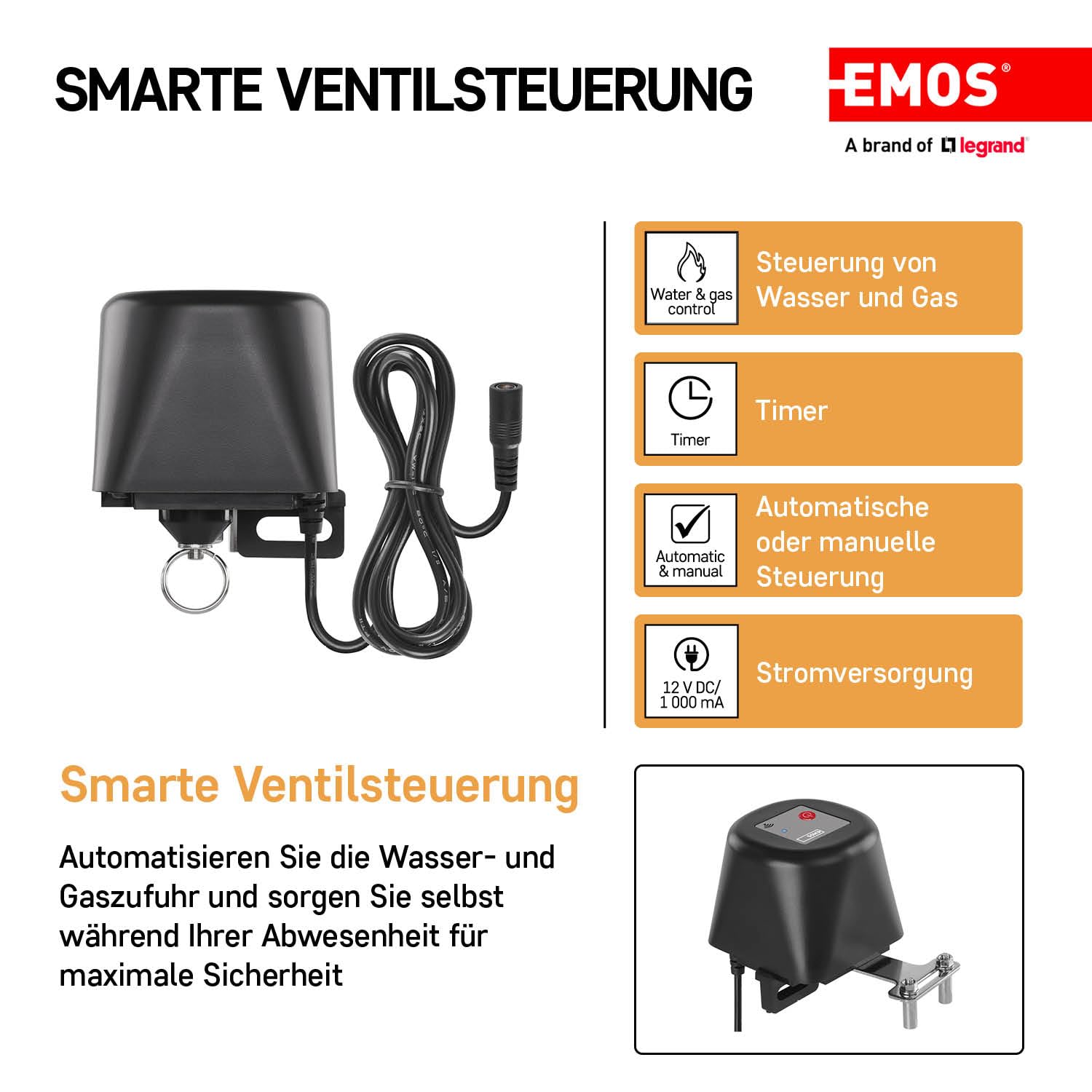 EMOS GoSmart - Smart Home motorisierter Ventilschließer für Wasser/Gas mit App - Zigbee - Auto-/Manuellsteuerung, Timer, leiser Betrieb - 12V Stromversorgung - Google Home, Alexa kompatibel - schwarz
