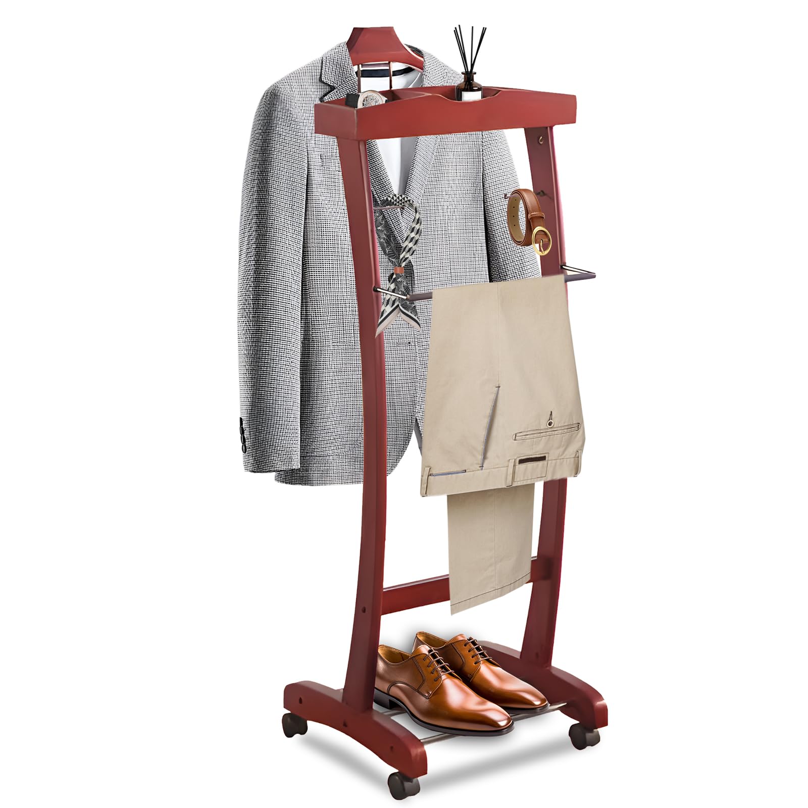 Wooden Suit Valet Stand, with Wheels mobile Floor Standing Suit Coat Stand With Contour Hanger Trouser Bar And Top Storage Tray, Freestanding Valet Stand for Men Women Office Living Room Wine red