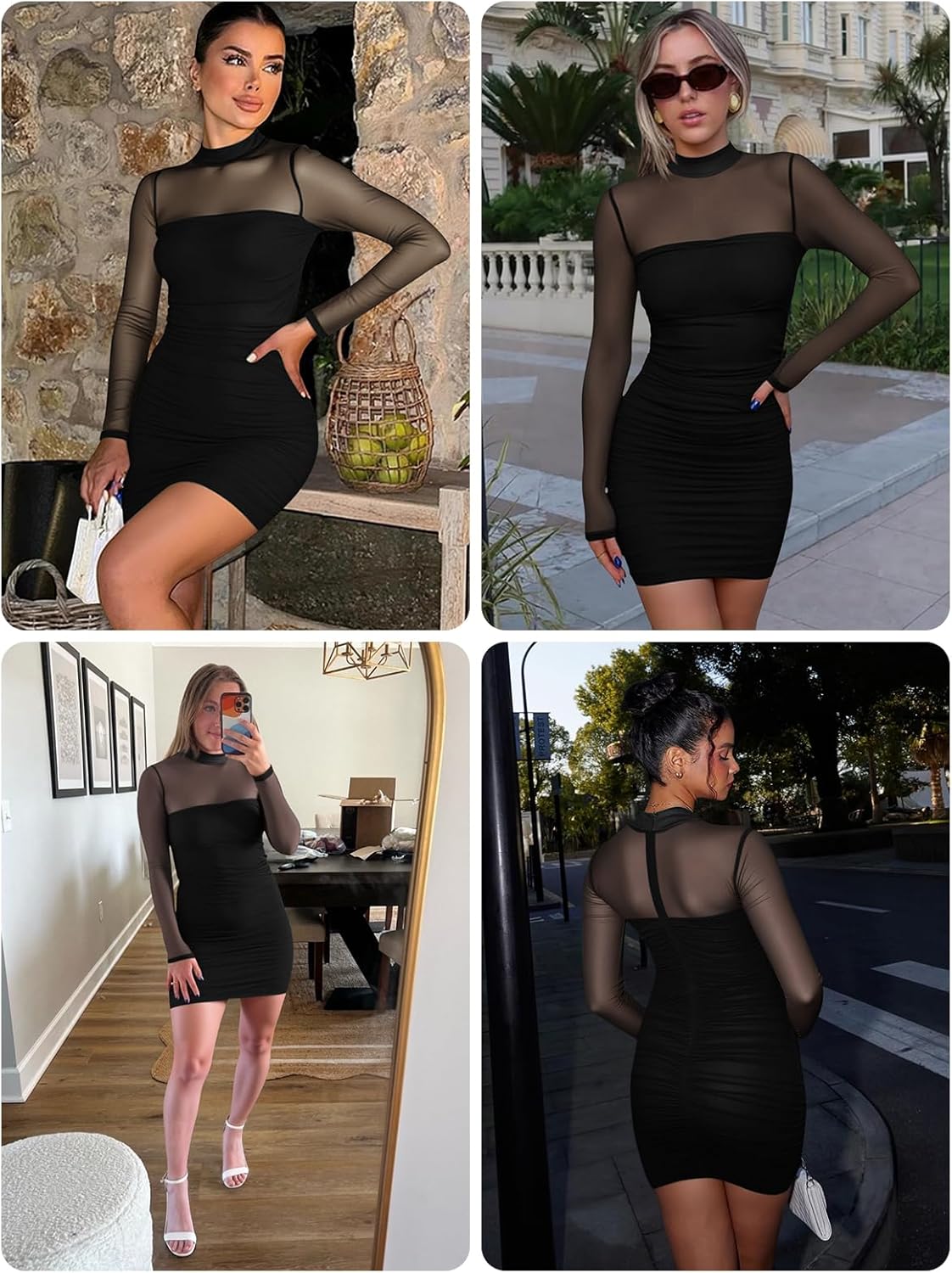 Yousify Womens Ruched Mesh Sheer Mini Dress Bodycon Sexy Mock Neck Long Sleeve Going Out Party Club Dresses - Image 6