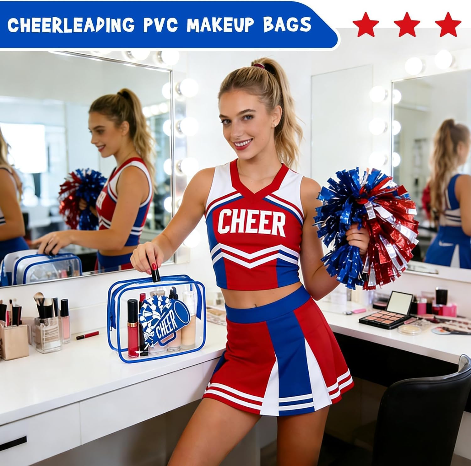 24 Pcs Cheerleader Gifts Bulk for Team 12 Cheer Makeup Bags and 12 Round Portable Mirror,7 x 4.7 x 2.4'' Cosmetic Bag for Women Party Favors Team Gifts (Blue) - Image 5