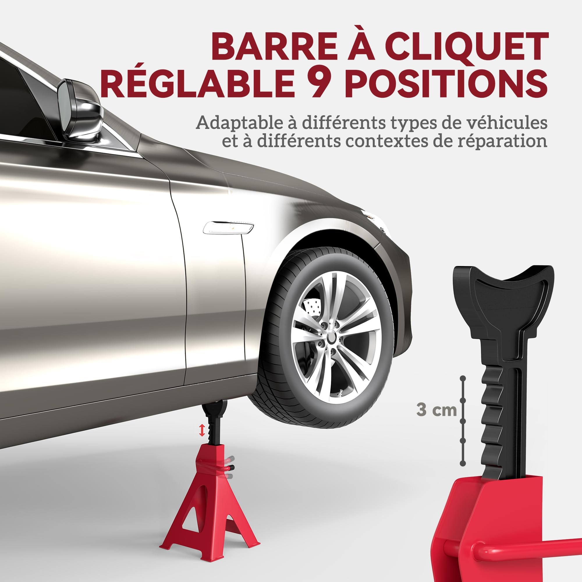 HOMCOM Lot de 2 chandelles Voiture chandelles de Levage capacité 3 tonnes, Hauteur réglable de 290 à 425 mm, Grande Base avec goupille de sécurité, pour véhicule, Caravane, Atelier, Garage, Rouge