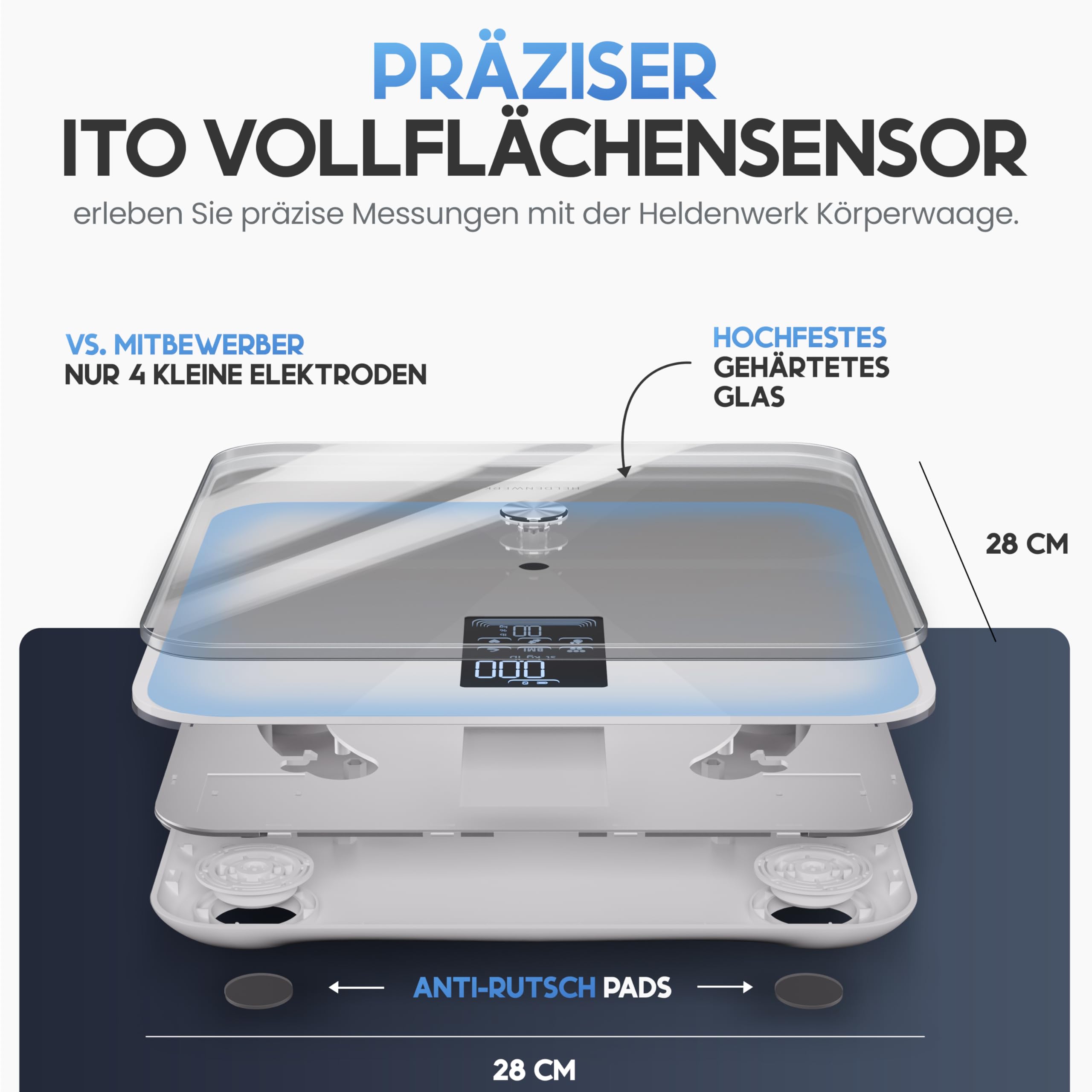HELDENWERK Báscula de baño para personas con aplicación y sensor de superficie completa, 180 kg/400 libras, báscula de cuerpo digital, Bluetooth para análisis corporal de grasa corporal, IMC, masa
