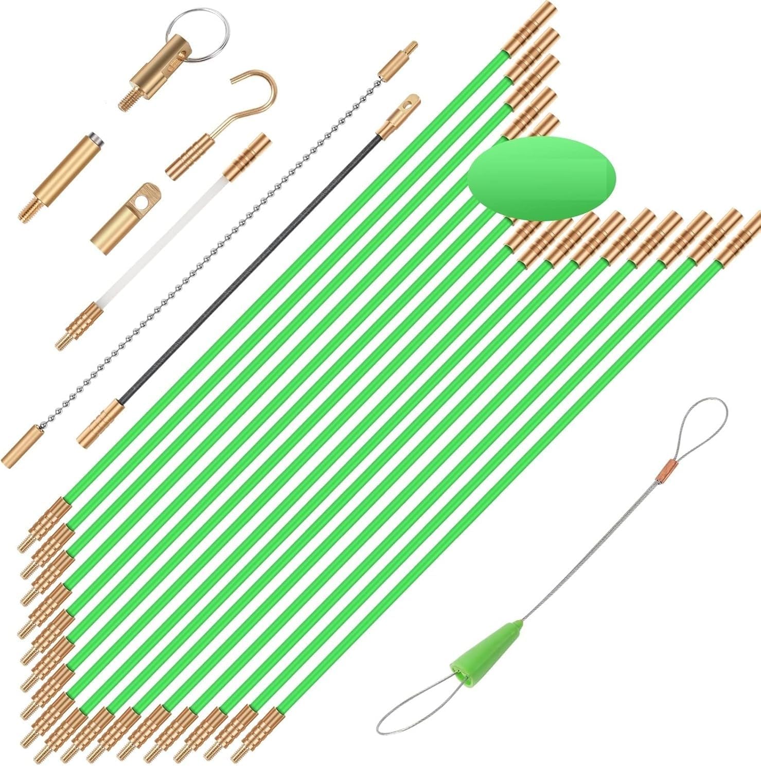 FTIHTRY 45FT Fiberglass Running Electrical Wire Cable Glow Rods Wire Pulling, Fish Rods Electrical Kit with 8 Different Attachments and Fish Tape Wire Puller Kit