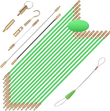 FTIHTRY 45ft Fiberglass Running Electrical Wire Cable Glow Rod Wire Pulling with Fish Rod Electrical Kit, 8 Attachments and Fish Tape Wire Puller Kit