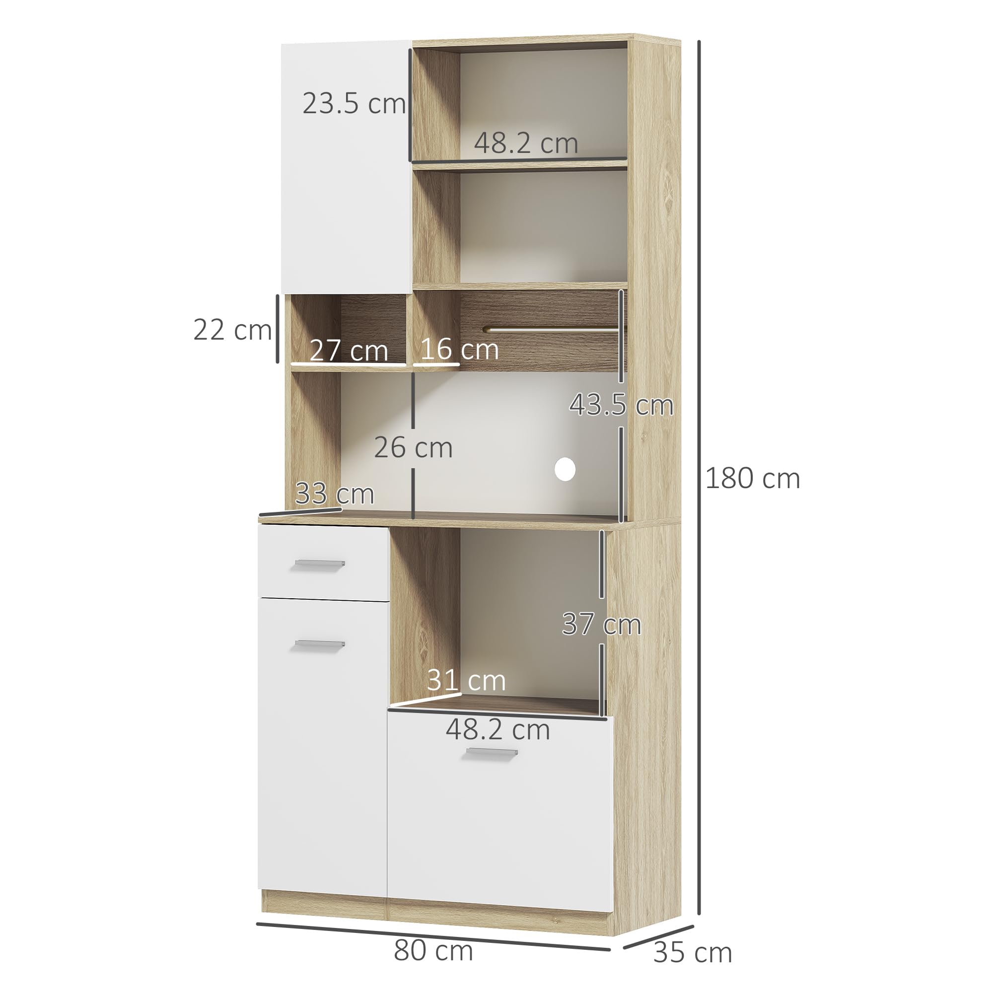 HOMCOM Credenza Cucina Alta con Cassetto, 3 Armadietti e 4 Scomparti Aperti, Mobile Dispensa con Ripiano Regolabile in Truciolato, per Soggiorno e Cucina, 80x35x180 cm, Bianco e Rovere