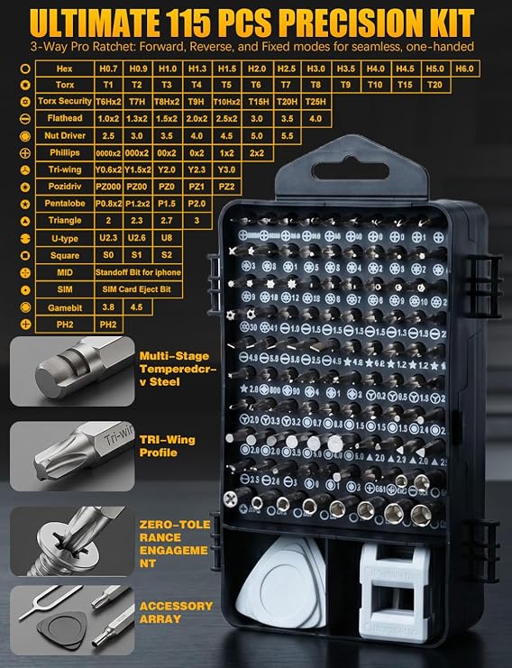 Precision Screwdriver Set Mini,Computer Tool Kit Gifts for Men, Magnetic Tool Kit with Torx Triwing Bits,Repair for Electronics,MacBook, Laptop, PC, RC, PS5, iPhone,Glasses (115 in 1 22.5mm)